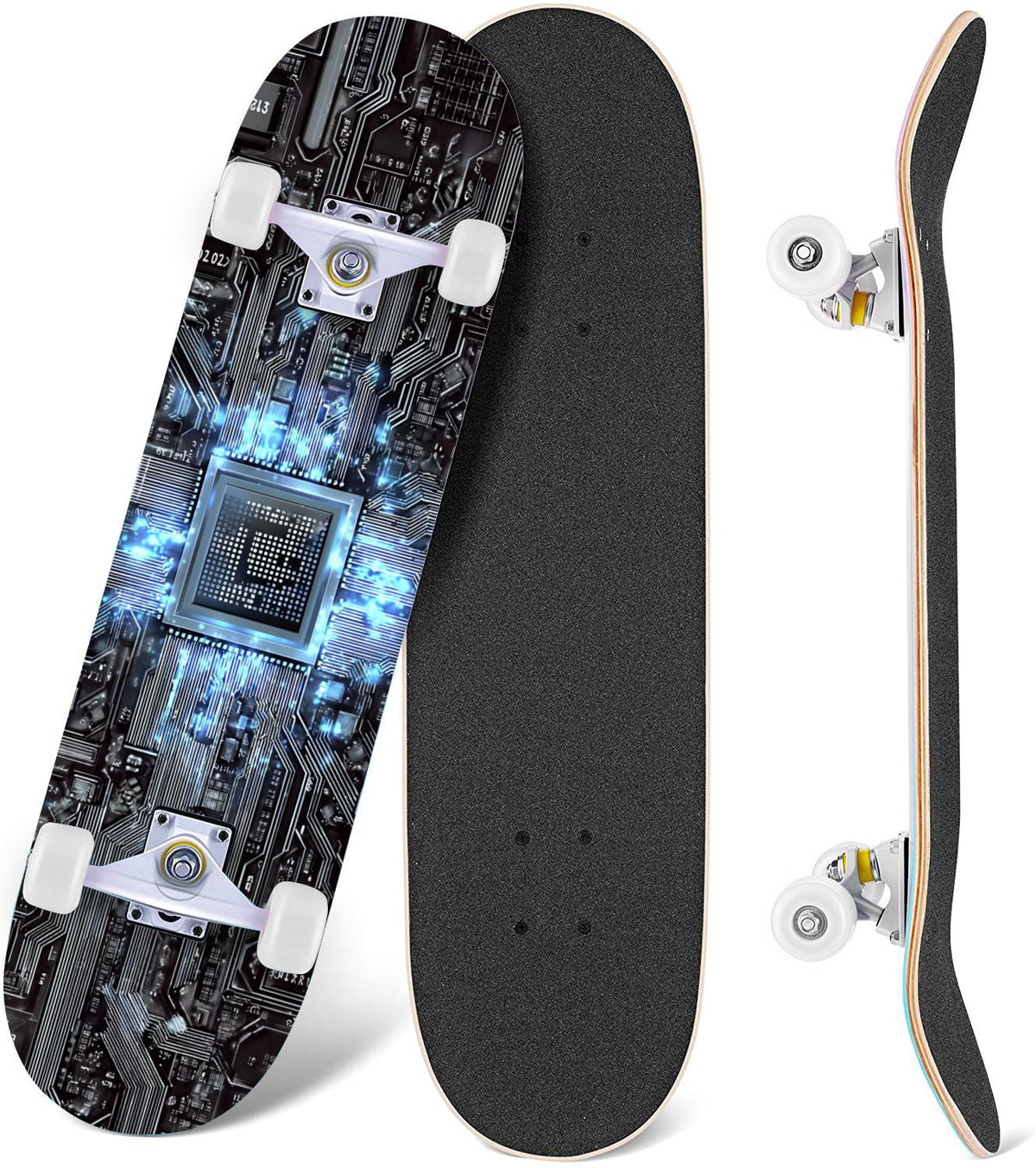 Futuristic Blue Abstract Technology Glowing Core 31" x 8" Complete Skateboard, 7-Ply Canadian Maple Double Kick Trick Board for Kids and Beginners Adult Gifts