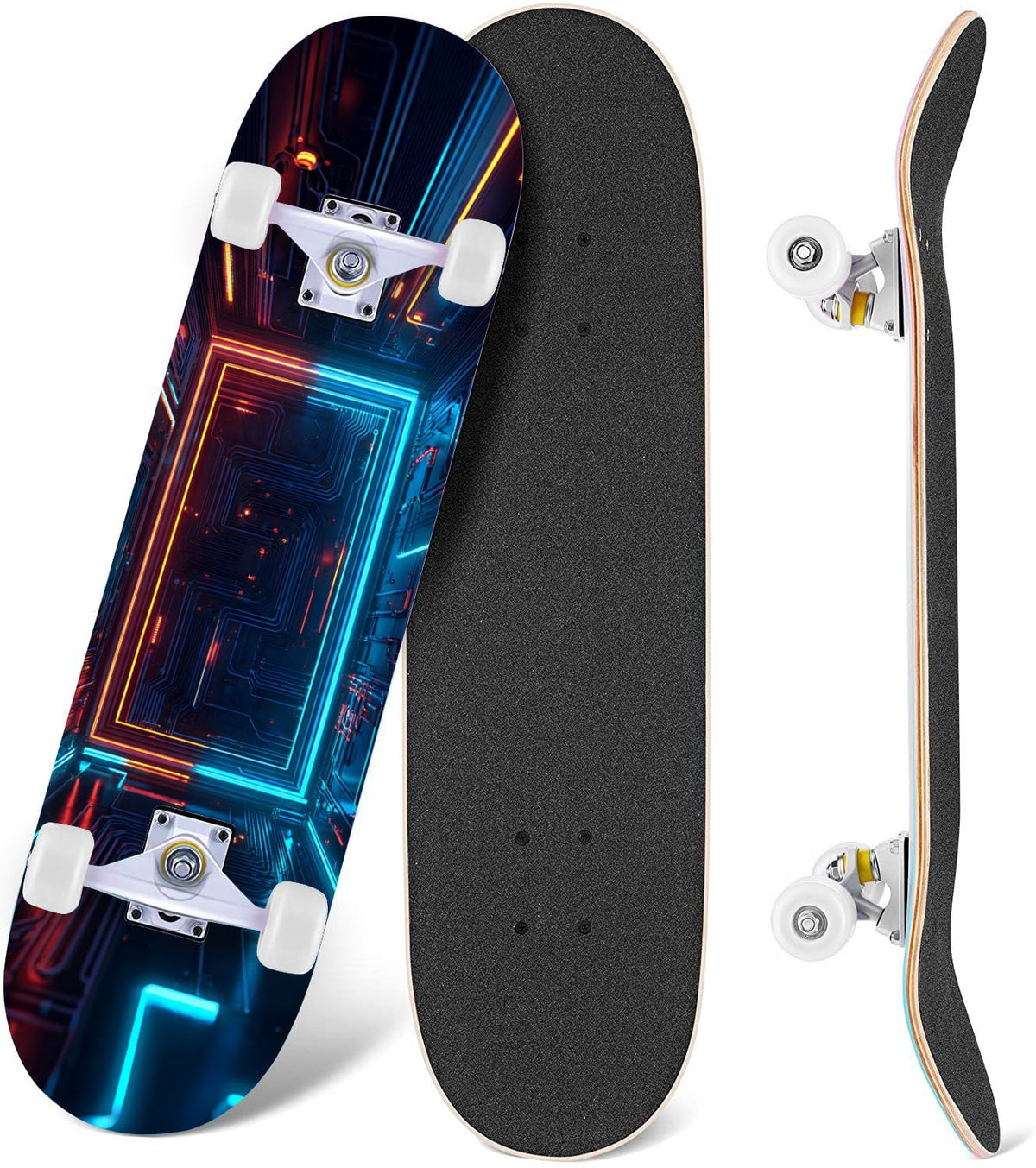 Futuristic Glowing Orange Neon Lines Dark Metallic Panels 31" x 8" Complete Skateboard, 7-Ply Canadian Maple Double Kick Trick Board for Kids and Beginners Adult Gifts
