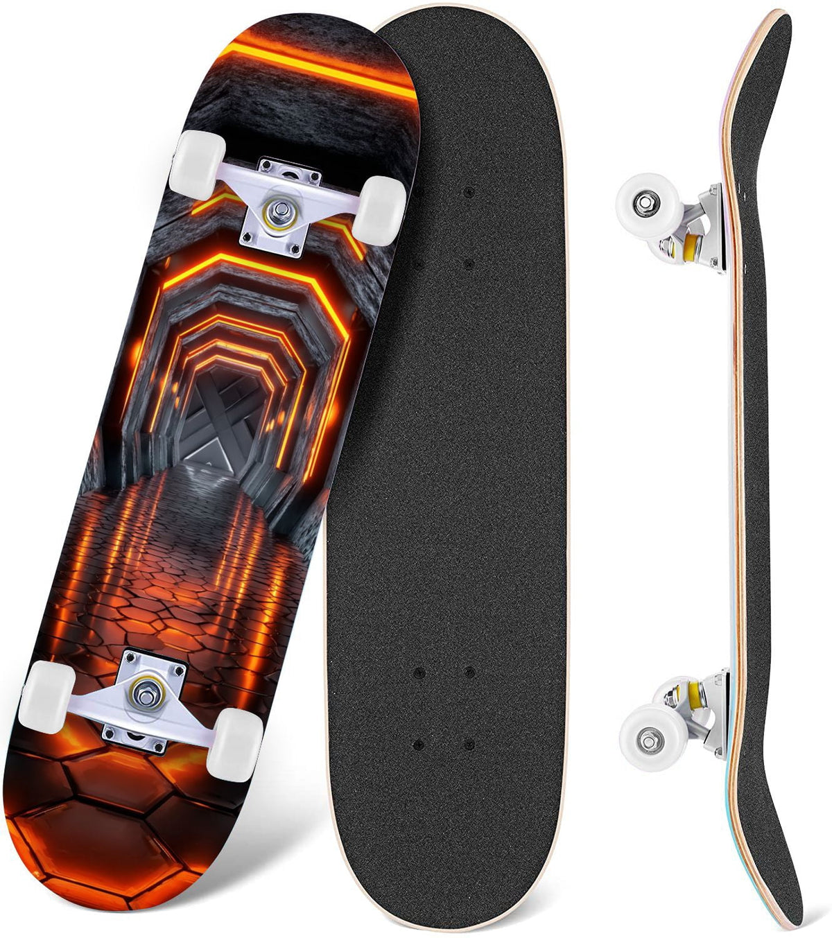 Futuristic Glowing Orange Neon Lines Dark Metallic Panels 31" x 8" Complete Skateboard, 7-Ply Canadian Maple Double Kick Trick Board for Kids and Beginners Adult Gifts