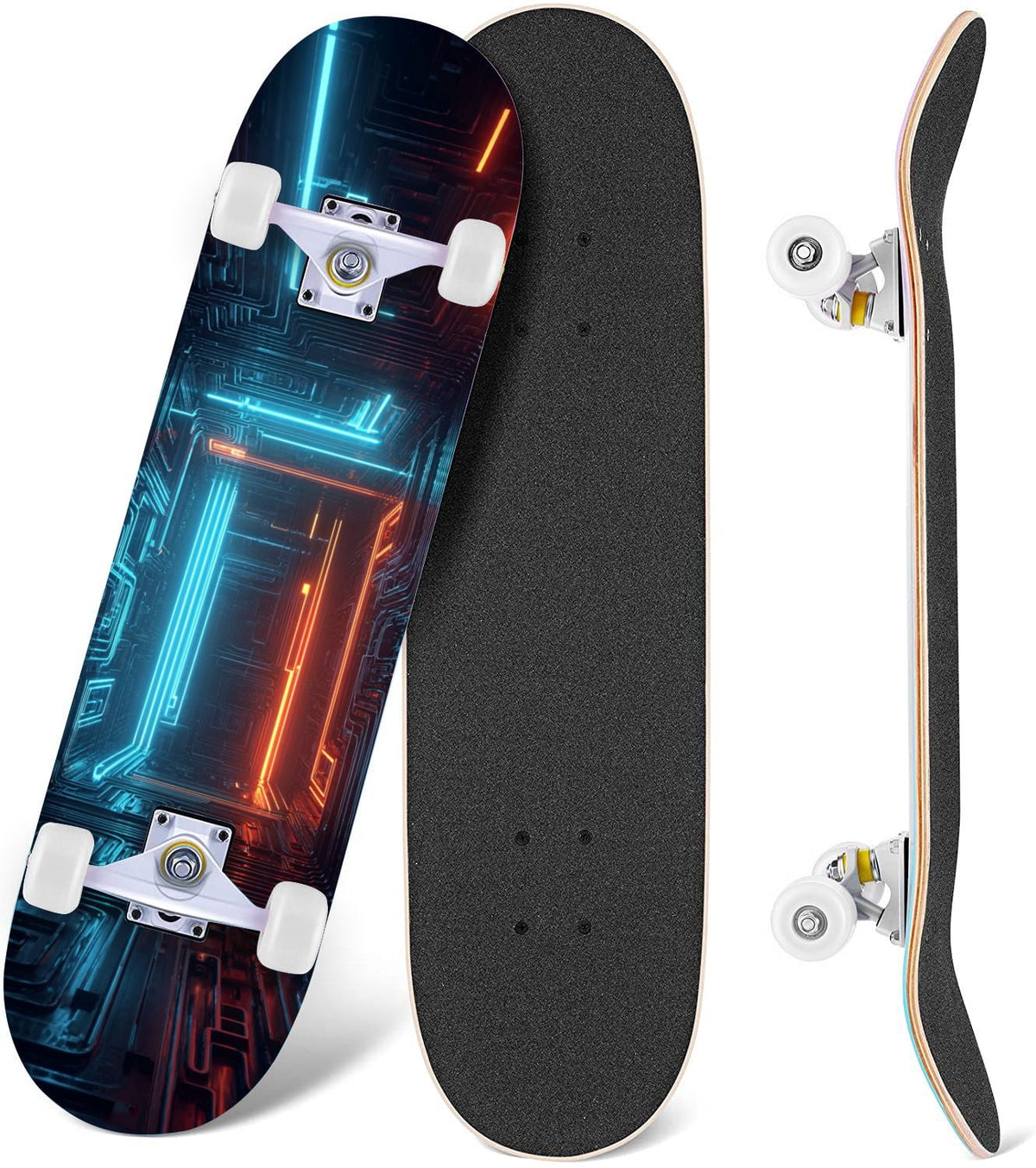 Glowing Futuristic Cubic Tunnel Metallic Tiles Bright Light 31" x 8" Complete Skateboard, 7-Ply Canadian Maple Double Kick Trick Board for Kids and Beginners Adult Gifts
