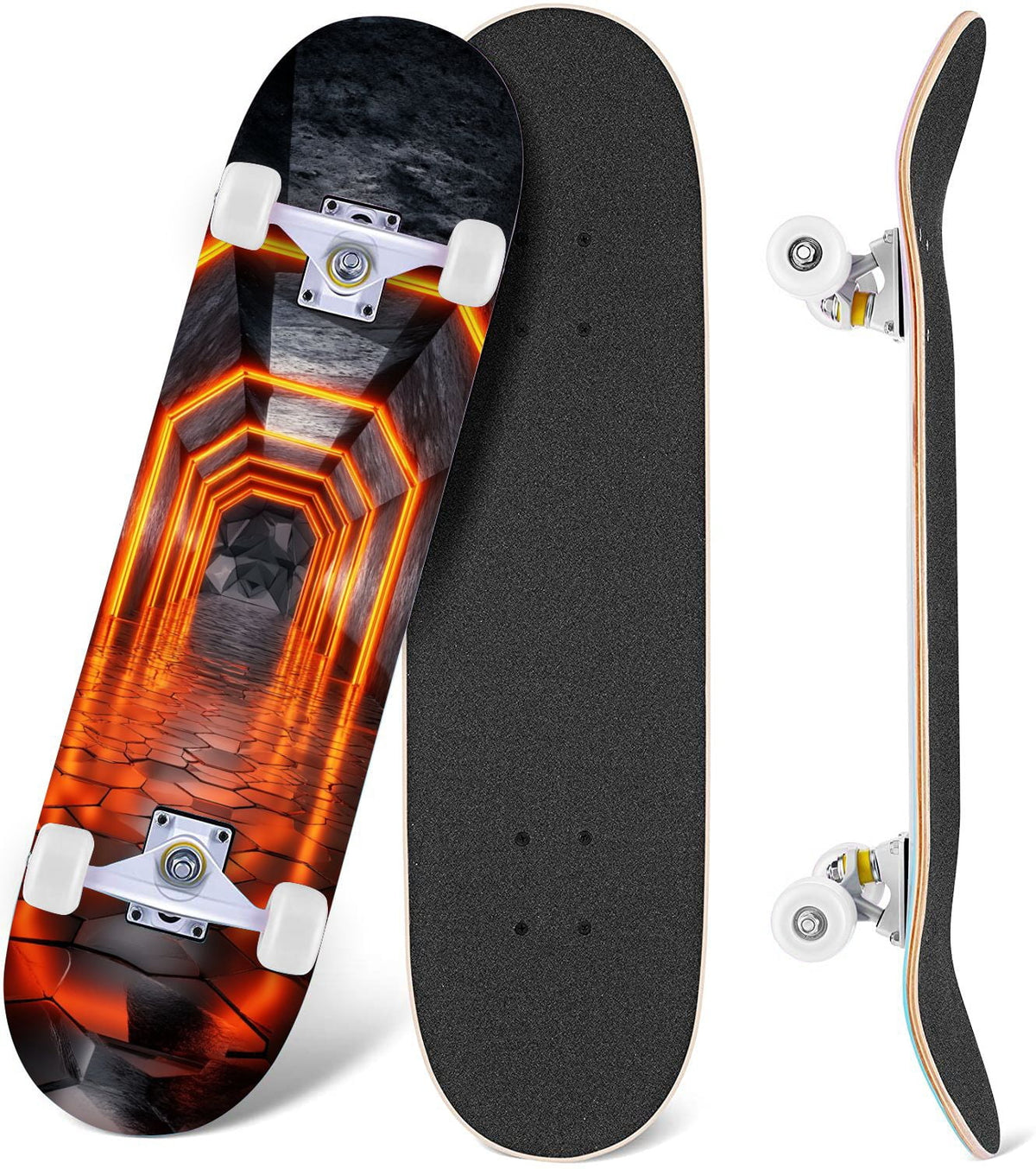 Futuristic Glowing Orange Neon Lines Dark Metallic Panels 31" x 8" Complete Skateboard, 7-Ply Canadian Maple Double Kick Trick Board for Kids and Beginners Adult Gifts