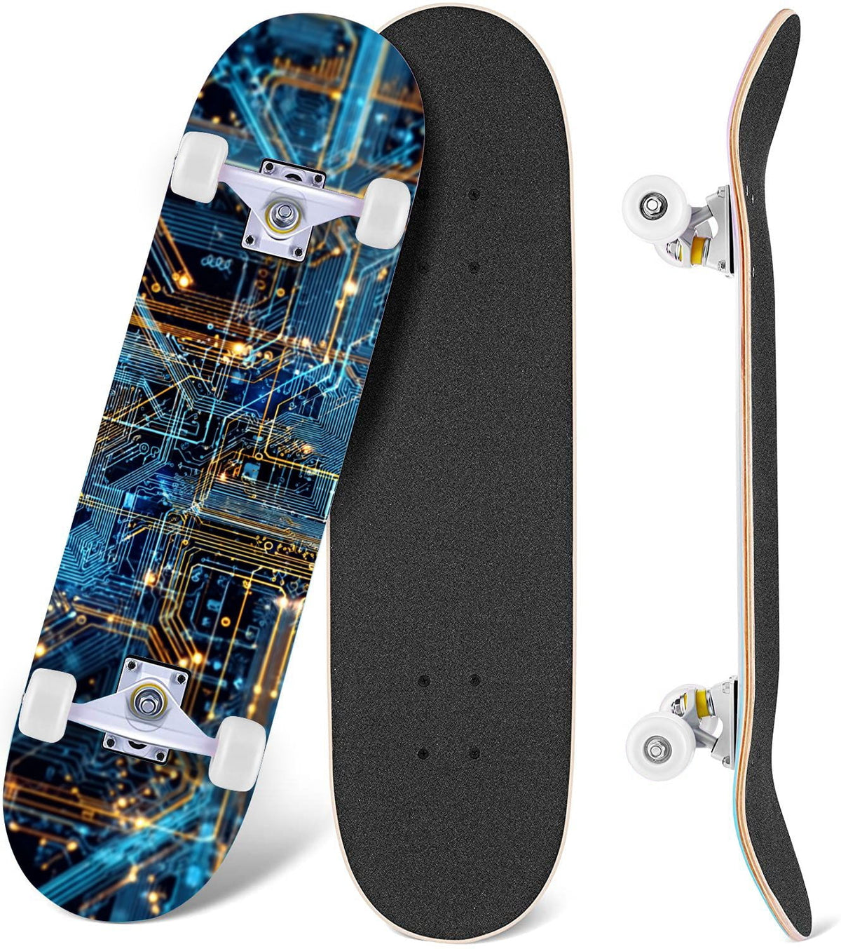 Futuristic Blue Abstract Technology Glowing Core 31" x 8" Complete Skateboard, 7-Ply Canadian Maple Double Kick Trick Board for Kids and Beginners Adult Gifts