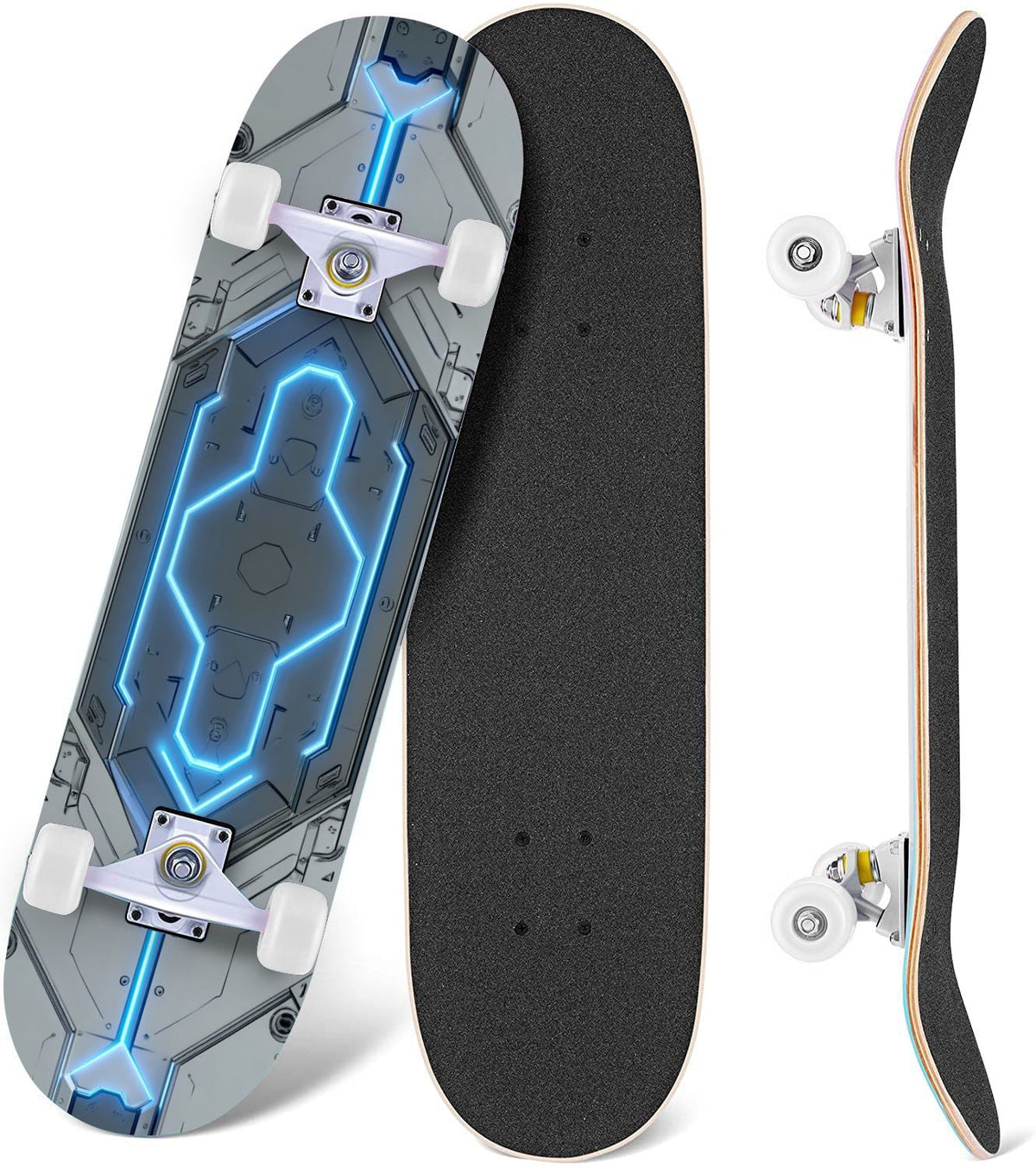 Futuristic Blue Abstract Technology Glowing Core 31" x 8" Complete Skateboard, 7-Ply Canadian Maple Double Kick Trick Board for Kids and Beginners Adult Gifts