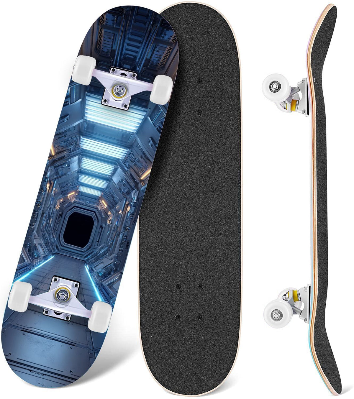 Futuristic Glowing Orange Neon Lines Dark Metallic Panels 31" x 8" Complete Skateboard, 7-Ply Canadian Maple Double Kick Trick Board for Kids and Beginners Adult Gifts