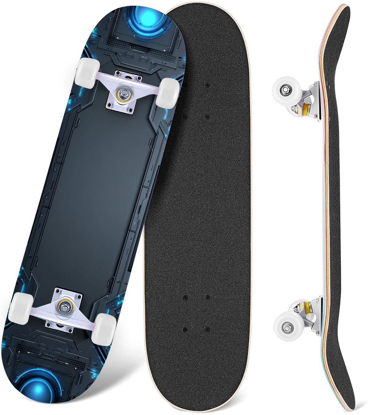 Futuristic Glowing Orange Neon Lines Dark Metallic Panels 31" x 8" Complete Skateboard, 7-Ply Canadian Maple Double Kick Trick Board for Kids and Beginners Adult Gifts