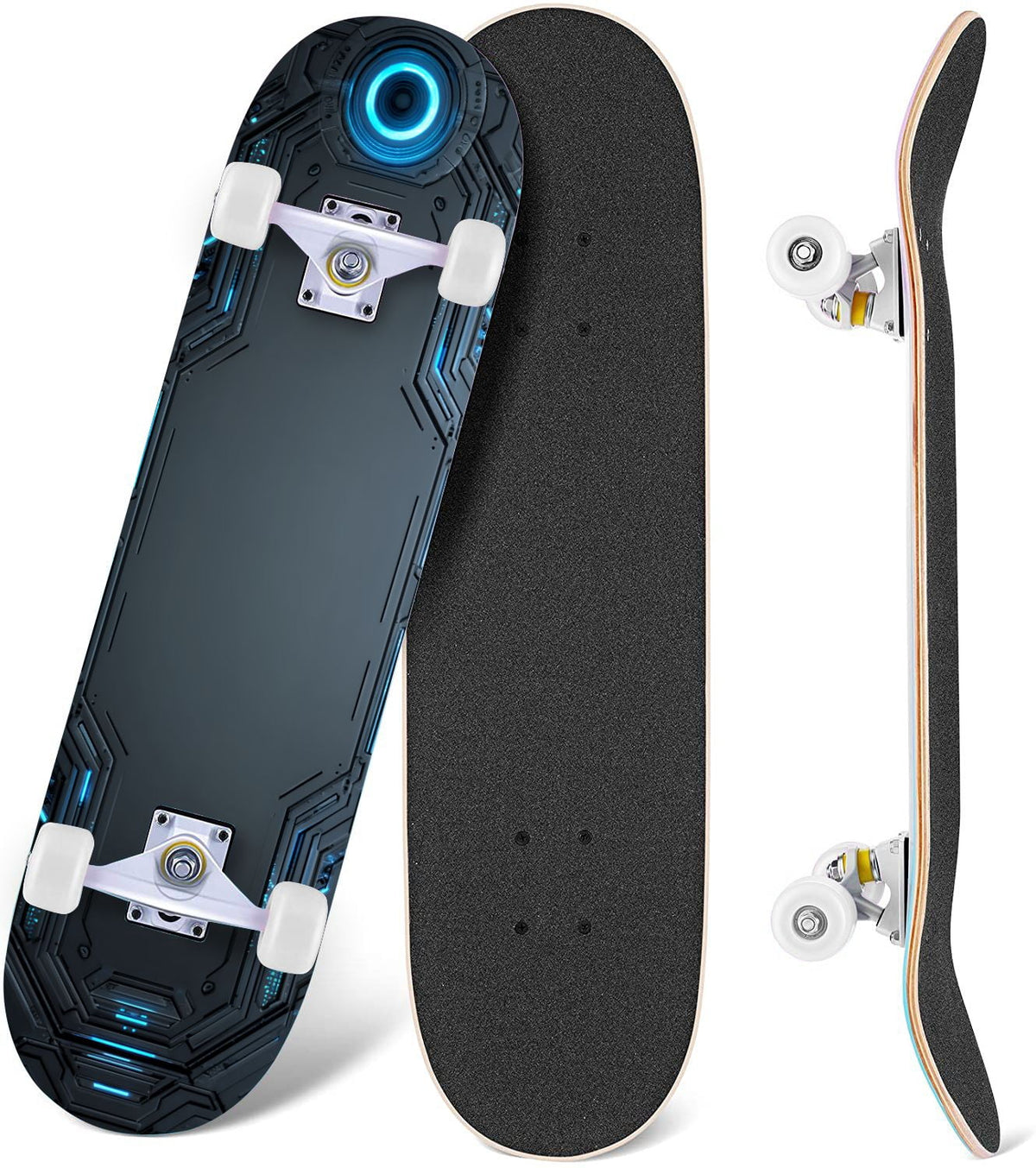 Futuristic Glowing Orange Neon Lines Dark Metallic Panels 31" x 8" Complete Skateboard, 7-Ply Canadian Maple Double Kick Trick Board for Kids and Beginners Adult Gifts