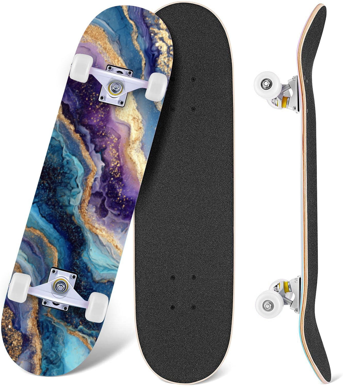 Golden Floral Line Art Seamless 31" x 8" Complete Skateboard, 7-Ply Canadian Maple Double Kick Trick Board for Kids and Beginners Adult Gifts