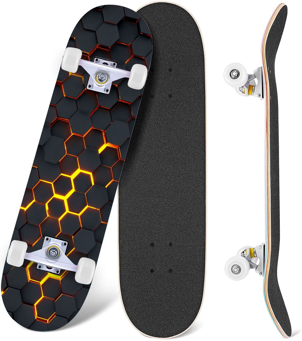 Futuristic Hexagonal Metallic Blue Glowing Orange Highlights 31" x 8" Complete Skateboard, 7-Ply Canadian Maple Double Kick Trick Board for Kids and Beginners Adult Gifts