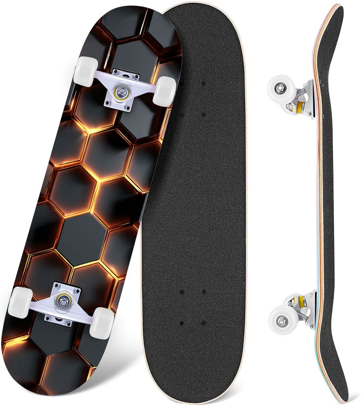 Futuristic Hexagonal Metallic Blue Glowing Orange Highlights 31" x 8" Complete Skateboard, 7-Ply Canadian Maple Double Kick Trick Board for Kids and Beginners Adult Gifts