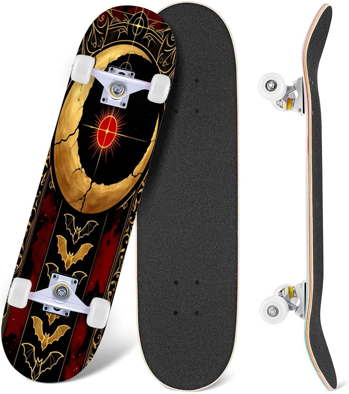 Red Mystic Circle Eyes Occult Symbols Dark Abstract Art 31" x 8" Complete Skateboard, 7-Ply Canadian Maple Double Kick Trick Board for Kids and Beginners Adult Gifts