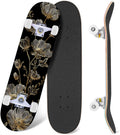 Golden Floral Line Art Seamless 31" x 8" Complete Skateboard, 7-Ply Canadian Maple Double Kick Trick Board for Kids and Beginners Adult Gifts