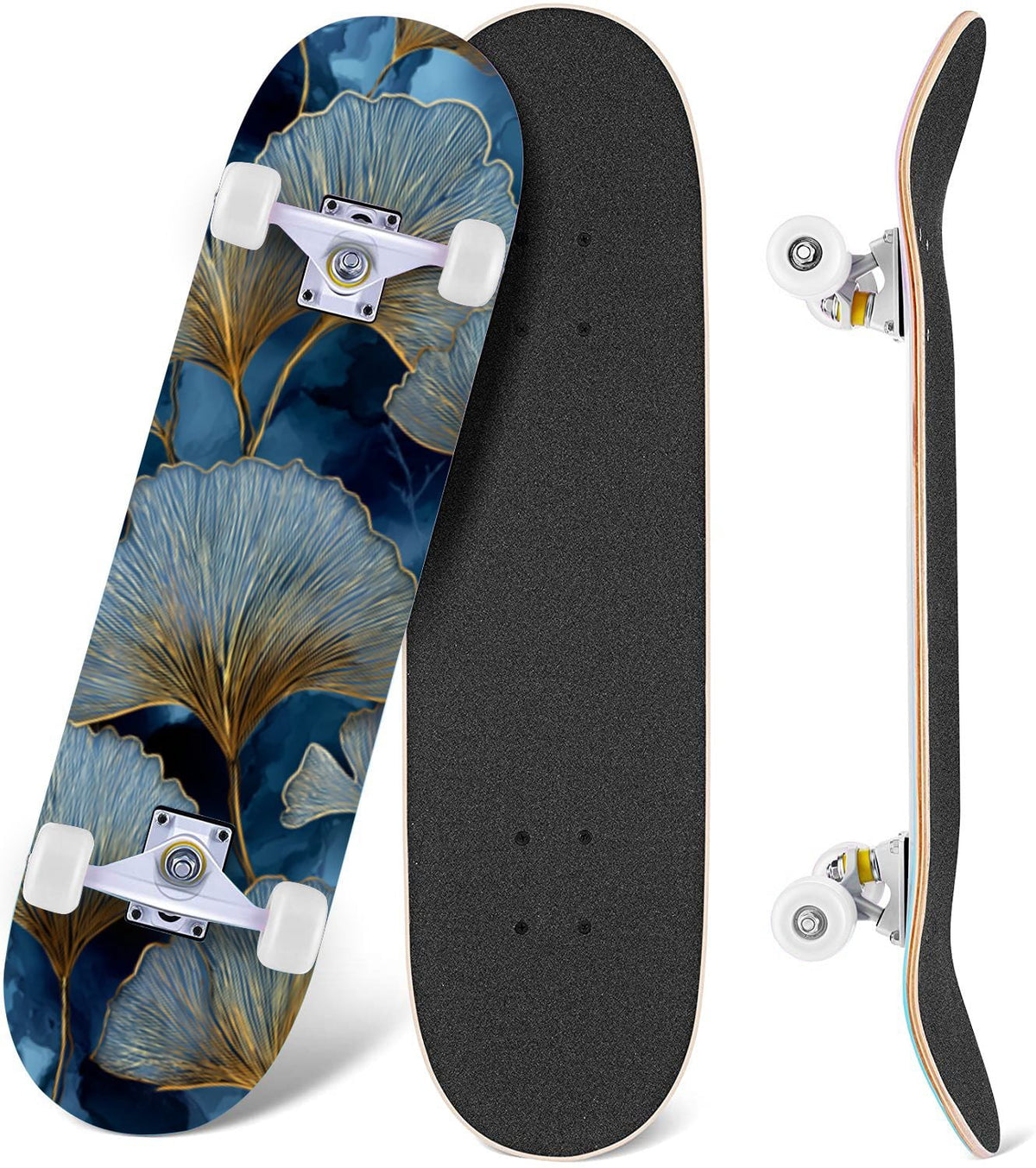 Elegant Cream Peach Peony Floral Green 31" x 8" Complete Skateboard, 7-Ply Canadian Maple Double Kick Trick Board for Kids and Beginners Adult Gifts