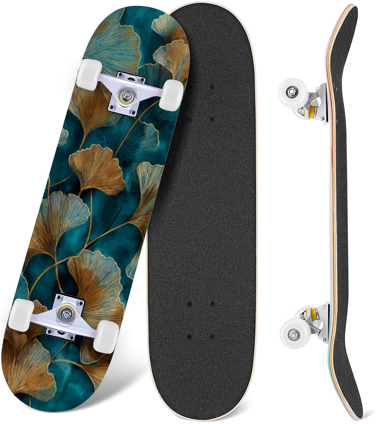 Monstera Leaves Leopard Print Seamless Earth Tones 31" x 8" Complete Skateboard, 7-Ply Canadian Maple Double Kick Trick Board for Kids and Beginners Adult Gifts