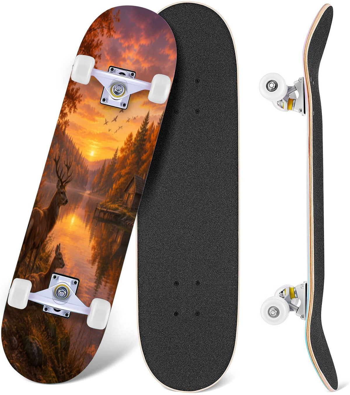 Modern Botanical Watercolor Pink Gold Mint Navy Leaves 31" x 8" Complete Skateboard, 7-Ply Canadian Maple Double Kick Trick Board for Kids and Beginners Adult Gifts
