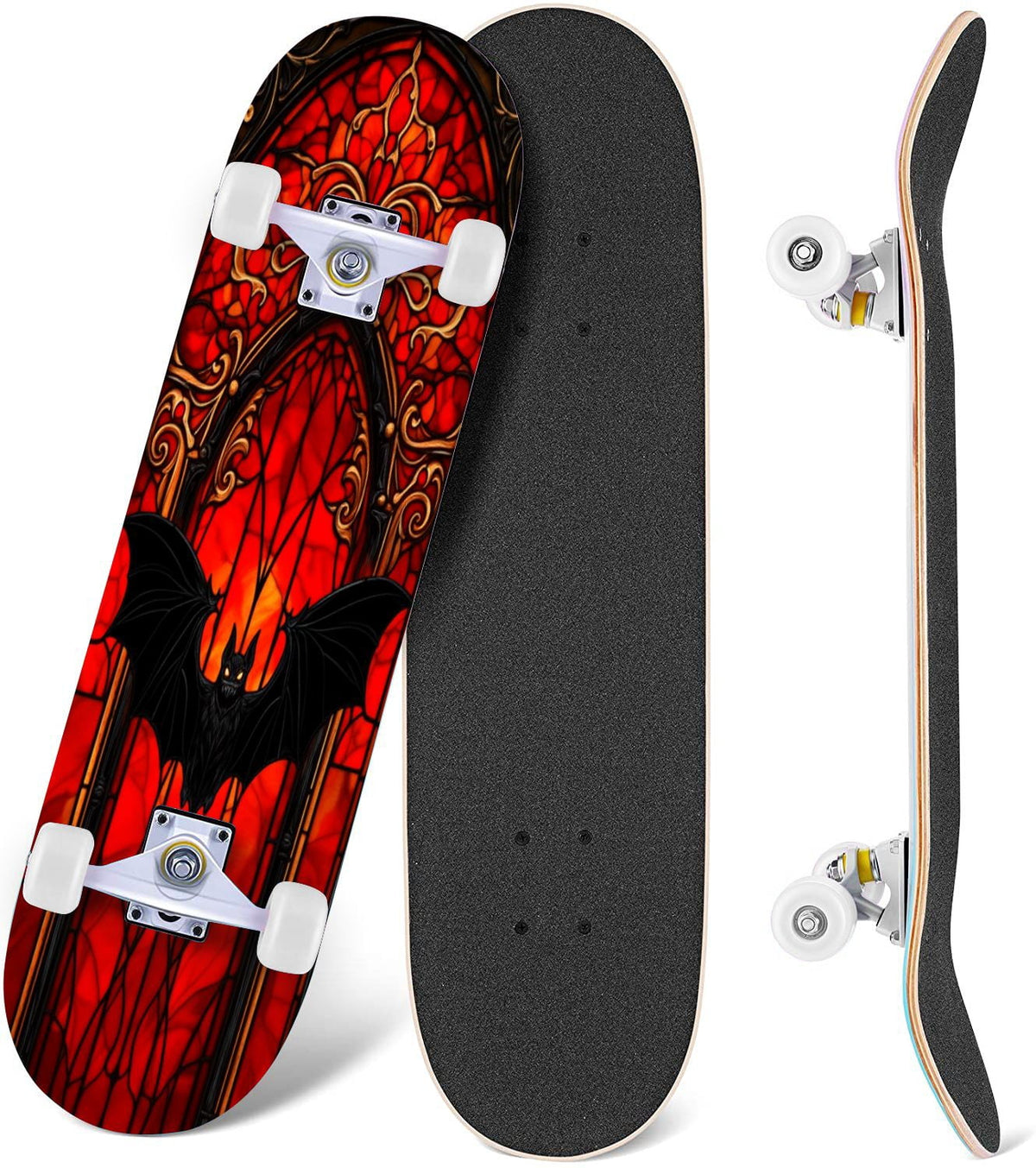 Red Mystic Circle Eyes Occult Symbols Dark Abstract Art 31" x 8" Complete Skateboard, 7-Ply Canadian Maple Double Kick Trick Board for Kids and Beginners Adult Gifts