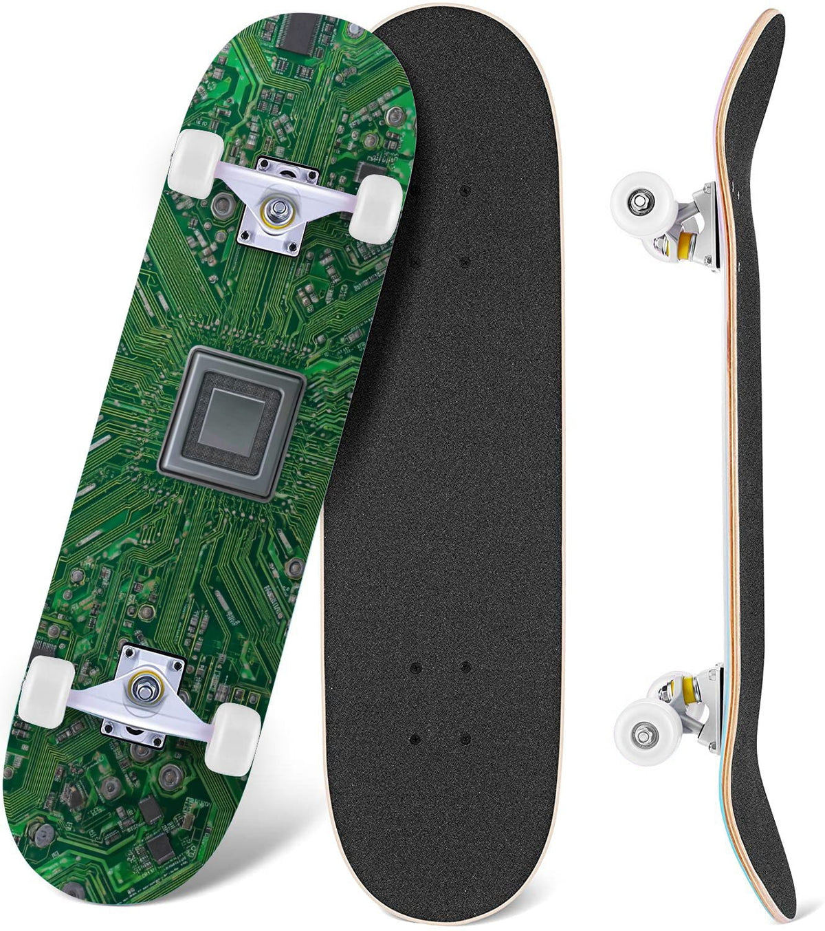 Futuristic Blue Abstract Technology Glowing Core 31" x 8" Complete Skateboard, 7-Ply Canadian Maple Double Kick Trick Board for Kids and Beginners Adult Gifts
