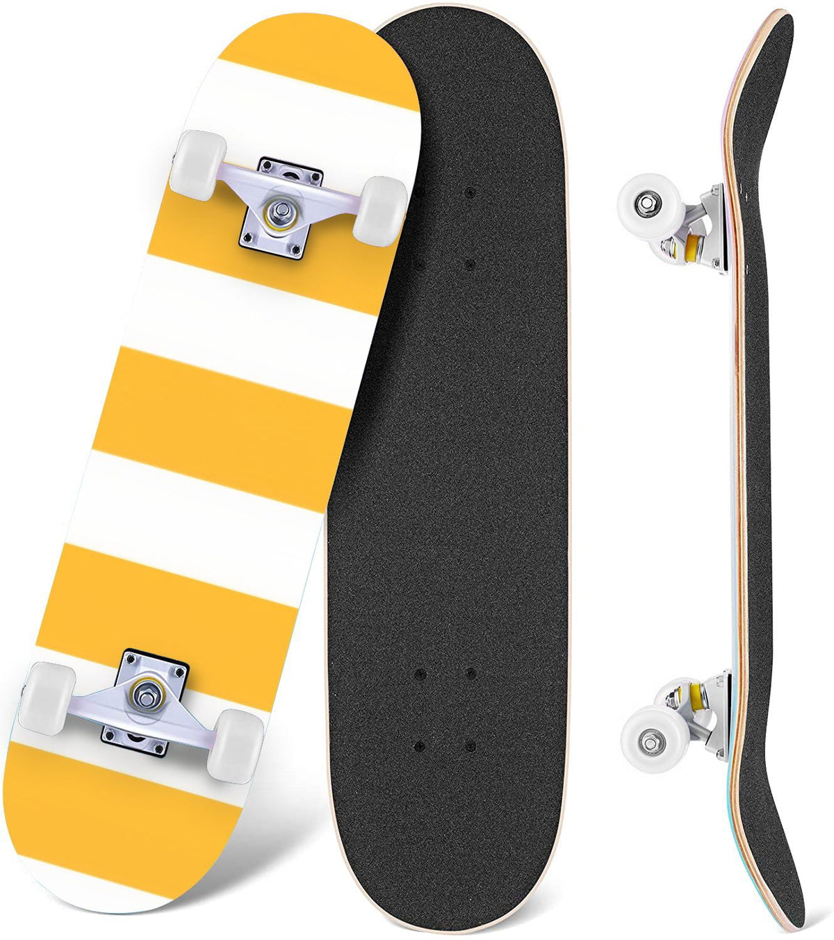 Yellow White Vertical Striped Soft Gradient Lines Minimalist Design 31" x 8" Complete Skateboard, 7-Ply Canadian Maple Double Kick Trick Board for Kids and Beginners Adult Gifts