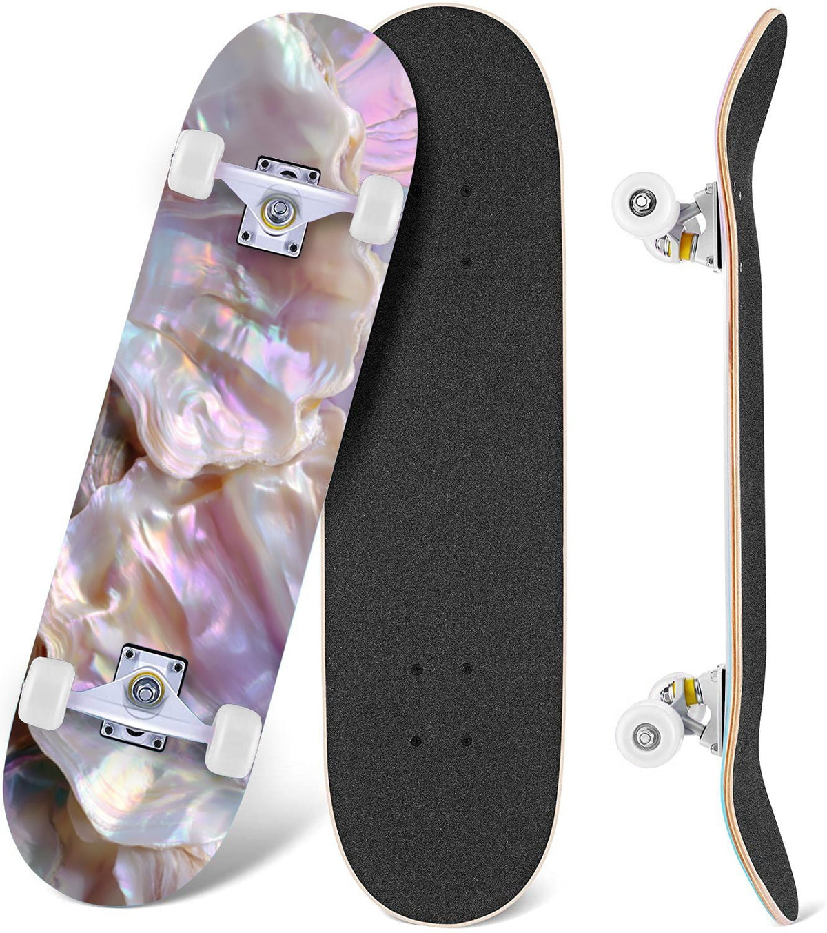 Vintage Damask Light Blue Brown Tones 31" x 8" Complete Skateboard, 7-Ply Canadian Maple Double Kick Trick Board for Kids and Beginners Adult Gifts