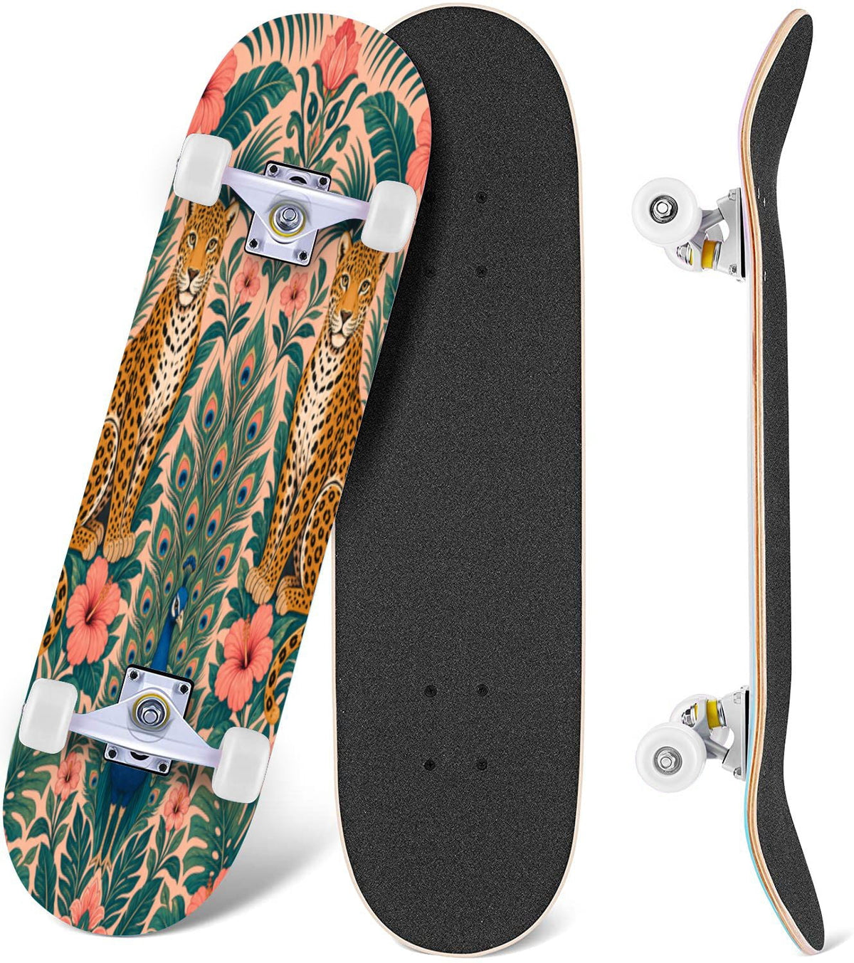 Rose Teal Rose Painting Turquoise Blue Flower Kitchen Decor 31" x 8" Complete Skateboard, 7-Ply Canadian Maple Double Kick Trick Board for Kids and Beginners Adult Gifts