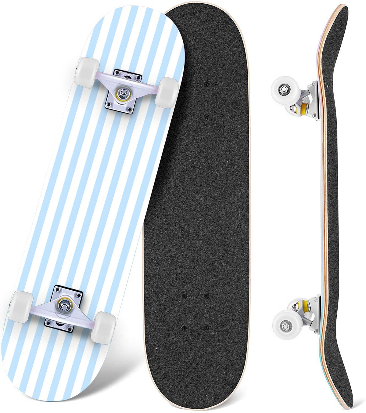 Yellow White Vertical Striped Soft Gradient Lines Minimalist Design 31" x 8" Complete Skateboard, 7-Ply Canadian Maple Double Kick Trick Board for Kids and Beginners Adult Gifts