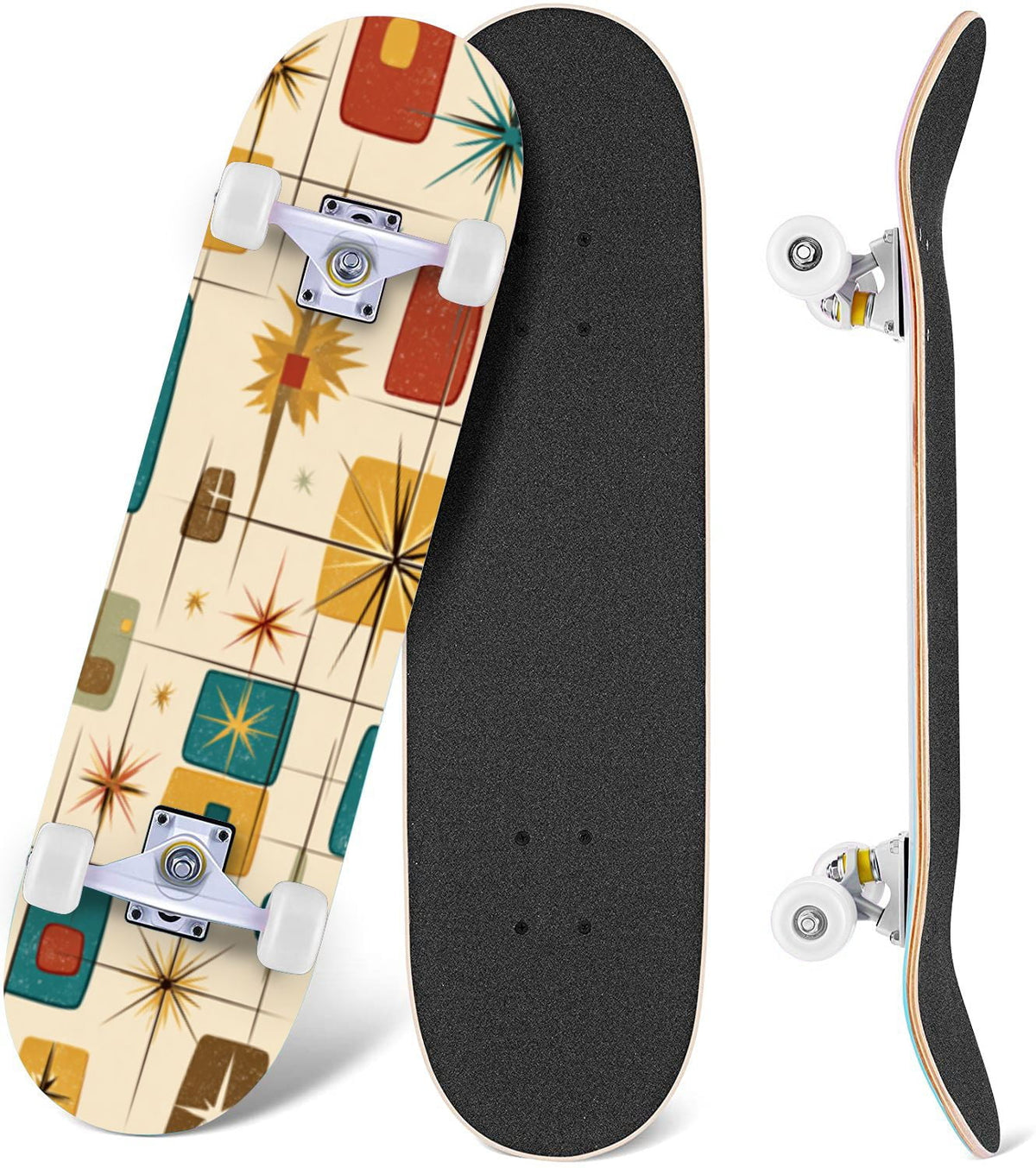 Vintage Movie Theater Classic Cinema 31" x 8" Complete Skateboard, 7-Ply Canadian Maple Double Kick Trick Board for Kids and Beginners Adult Gifts