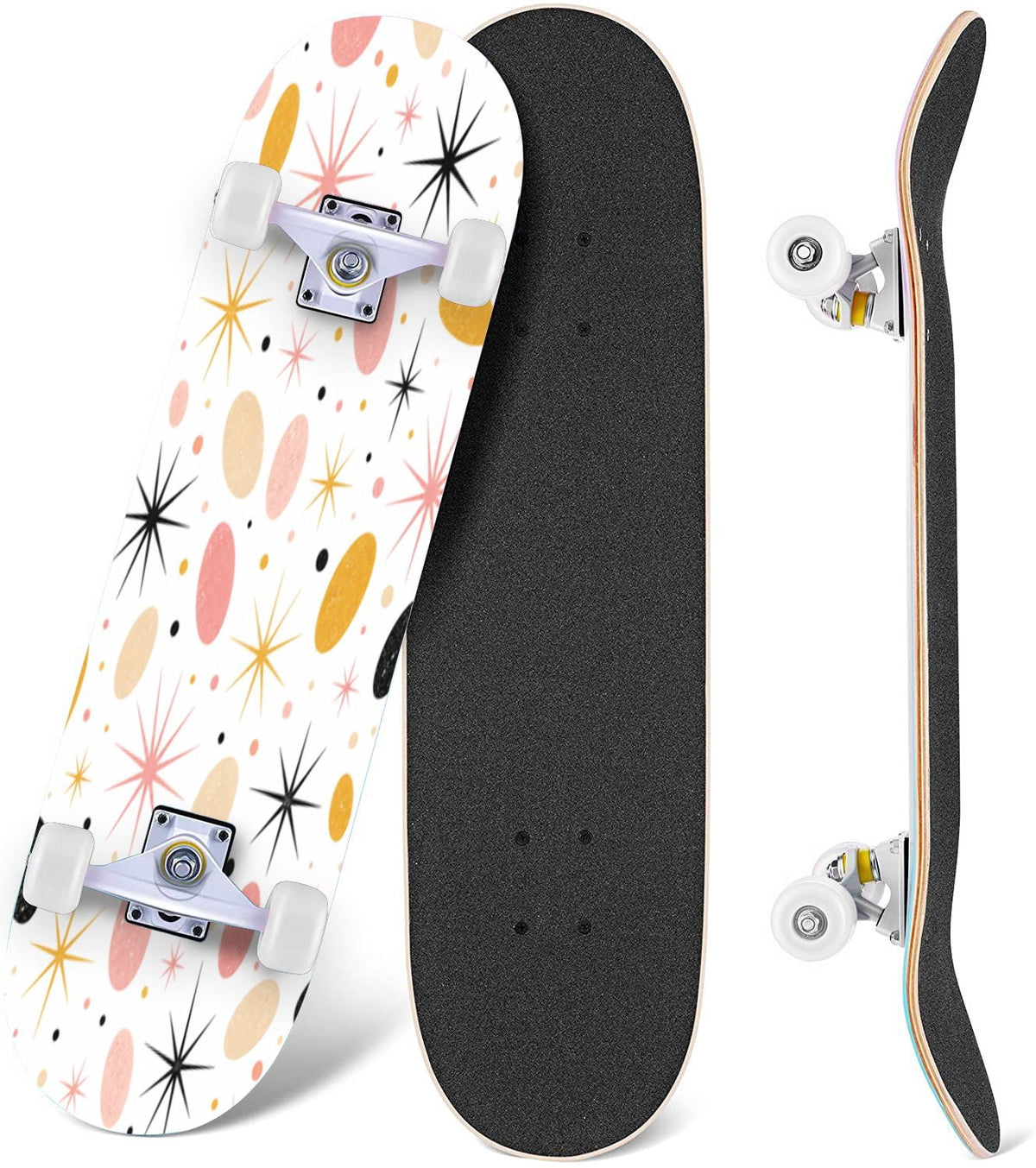 Abstract Geometric Curved Shapes Earthy Tones 31" x 8" Complete Skateboard, 7-Ply Canadian Maple Double Kick Trick Board for Kids and Beginners Adult Gifts