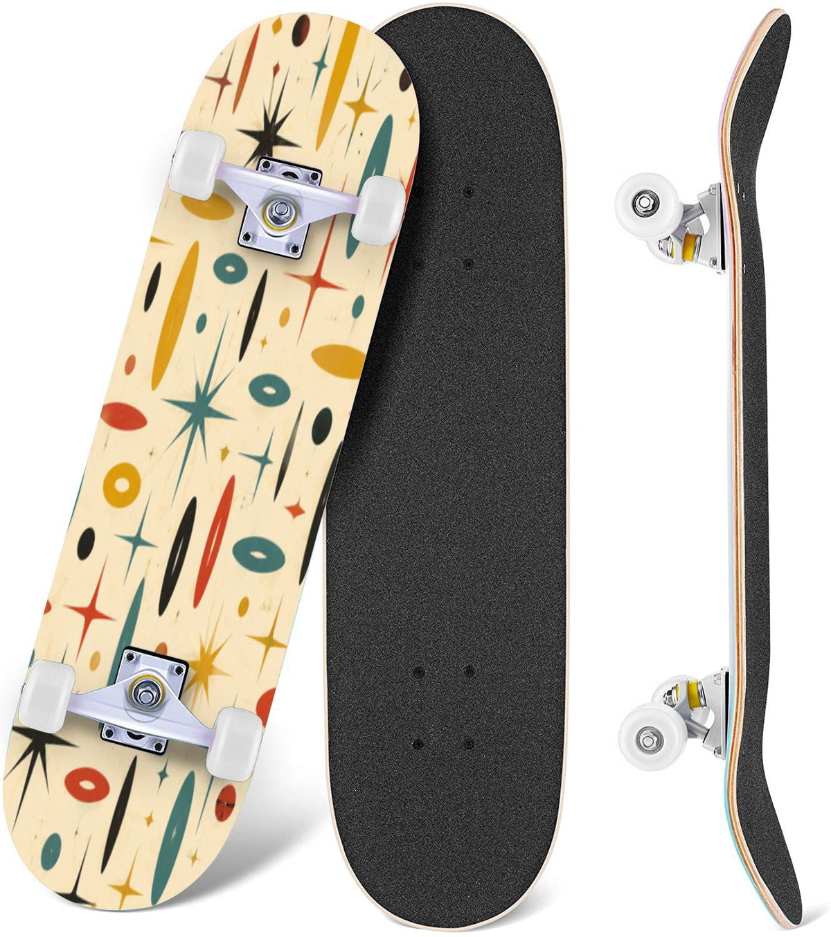 Modern Botanical Watercolor Pink Gold Mint Navy Leaves 31" x 8" Complete Skateboard, 7-Ply Canadian Maple Double Kick Trick Board for Kids and Beginners Adult Gifts