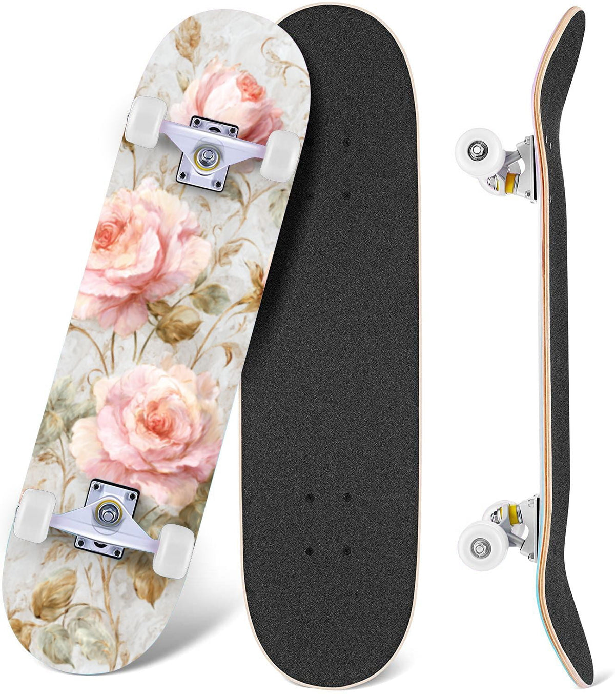 Vintage Floral Bird Sepia Tones 31" x 8" Complete Skateboard, 7-Ply Canadian Maple Double Kick Trick Board for Kids and Beginners Adult Gifts