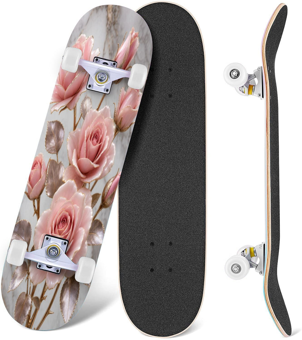 Modern Botanical Watercolor Pink Gold Mint Navy Leaves 31" x 8" Complete Skateboard, 7-Ply Canadian Maple Double Kick Trick Board for Kids and Beginners Adult Gifts