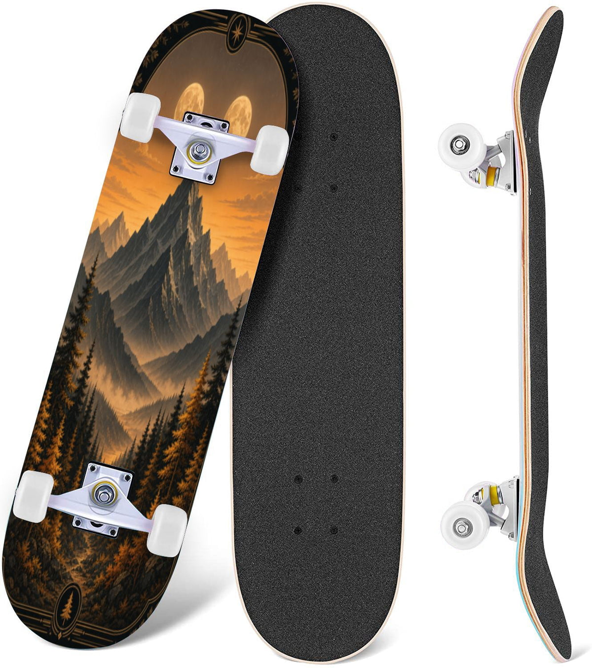 Forest Tree Wood Green Pine Trees Autumn Leaves Fog Misty 31" x 8" Complete Skateboard, 7-Ply Canadian Maple Double Kick Trick Board for Kids and Beginners Adult Gifts