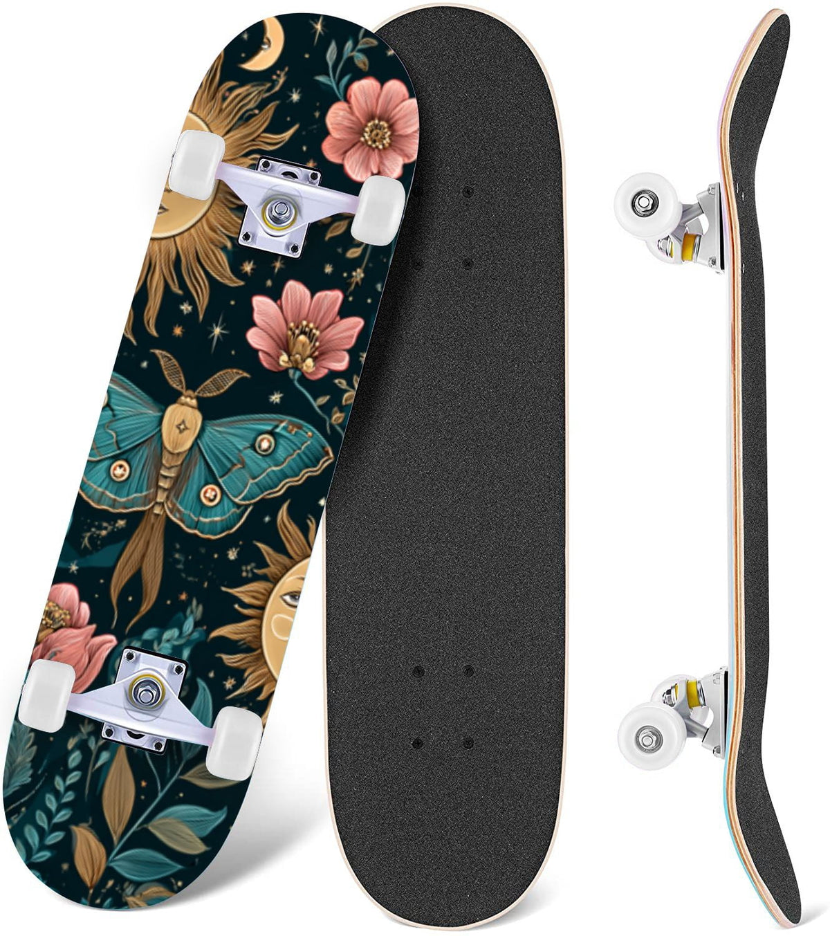 Golden Floral Line Art Seamless 31" x 8" Complete Skateboard, 7-Ply Canadian Maple Double Kick Trick Board for Kids and Beginners Adult Gifts