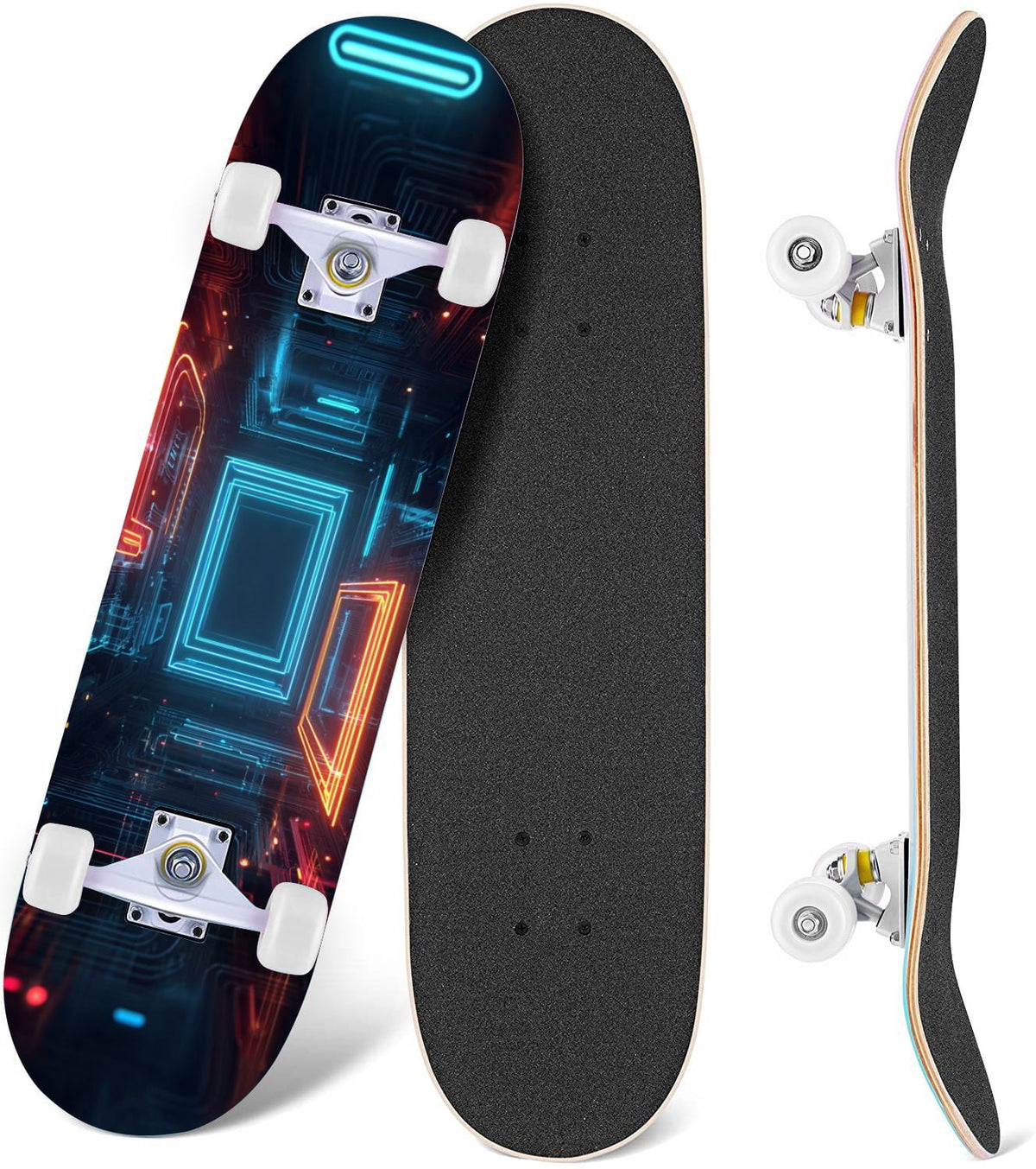 Glowing Futuristic Cubic Tunnel Metallic Tiles Bright Light 31" x 8" Complete Skateboard, 7-Ply Canadian Maple Double Kick Trick Board for Kids and Beginners Adult Gifts
