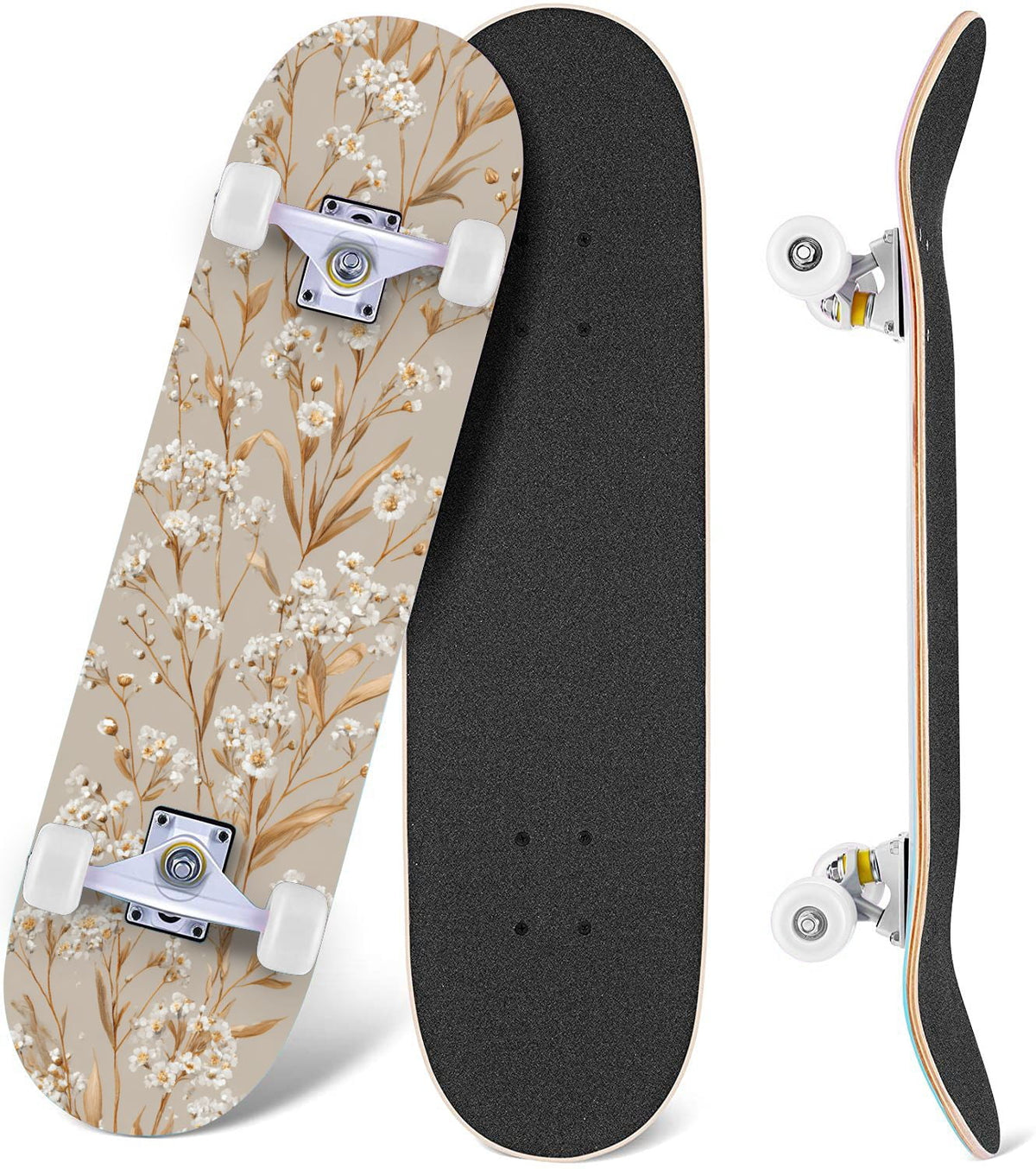 Monstera Leaves Leopard Print Seamless Earth Tones 31" x 8" Complete Skateboard, 7-Ply Canadian Maple Double Kick Trick Board for Kids and Beginners Adult Gifts