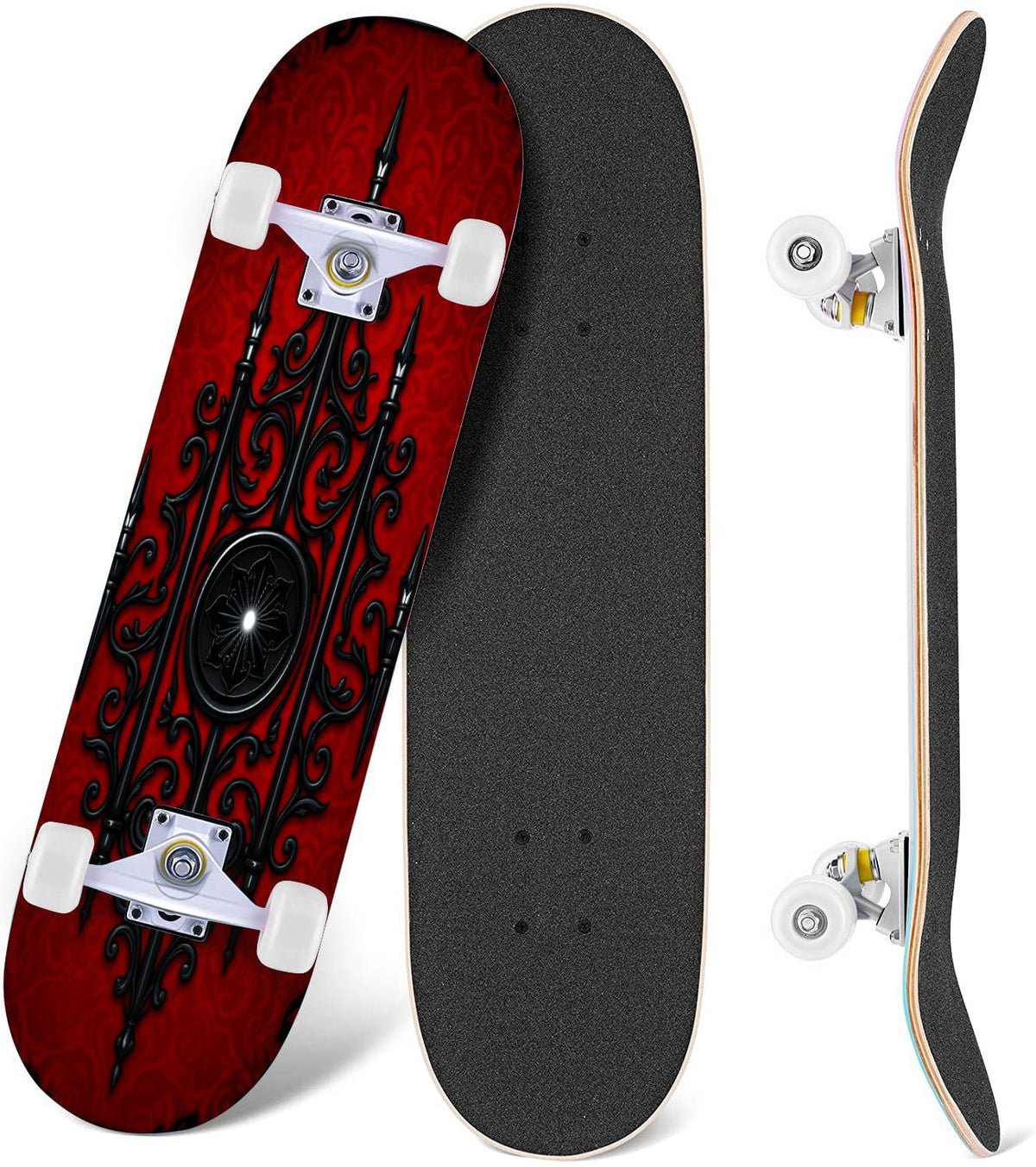 Red Mystic Circle Eyes Occult Symbols Dark Abstract Art 31" x 8" Complete Skateboard, 7-Ply Canadian Maple Double Kick Trick Board for Kids and Beginners Adult Gifts