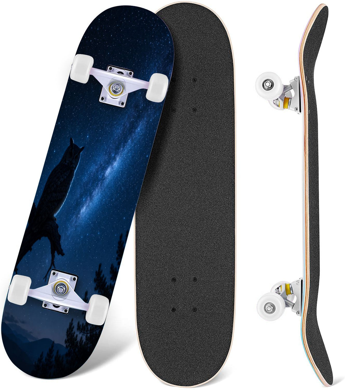White Birch Tree Bark Natural Knots Horizontal Lines 31" x 8" Complete Skateboard, 7-Ply Canadian Maple Double Kick Trick Board for Kids and Beginners Adult Gifts