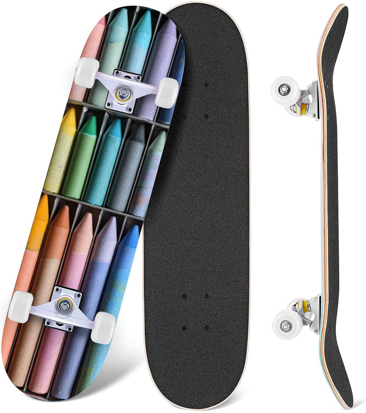 Vintage Damask Light Blue Brown Tones 31" x 8" Complete Skateboard, 7-Ply Canadian Maple Double Kick Trick Board for Kids and Beginners Adult Gifts