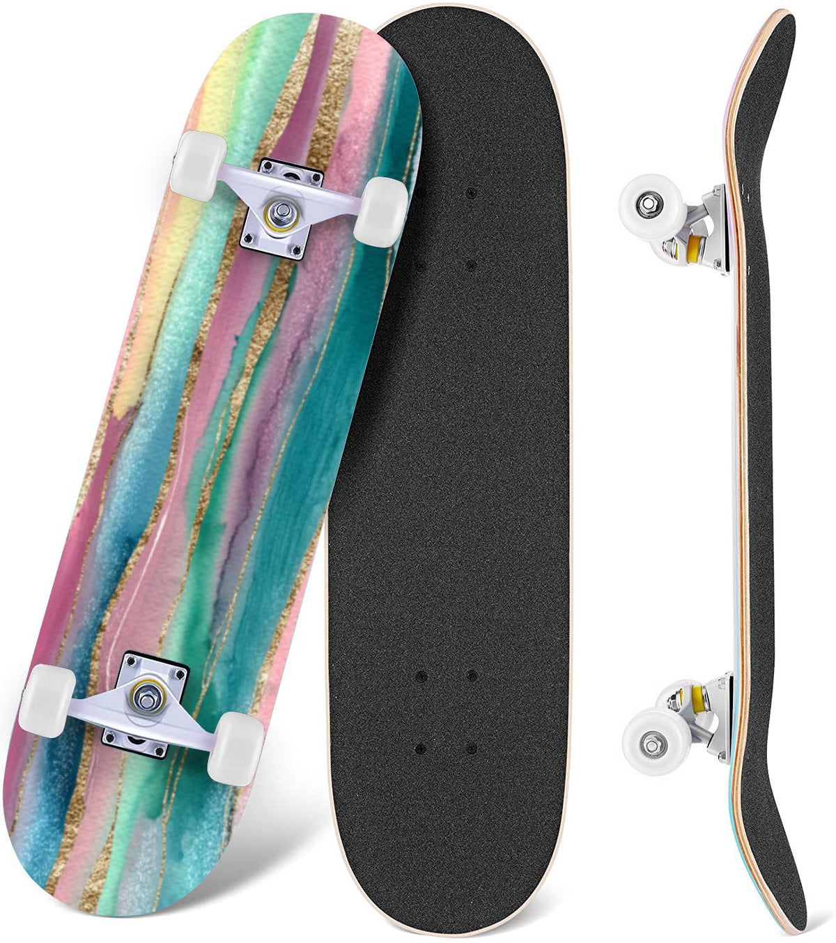 Seashells Starfish Sandy Beach Soft Lighting 31" x 8" Complete Skateboard, 7-Ply Canadian Maple Double Kick Trick Board for Kids and Beginners Adult Gifts