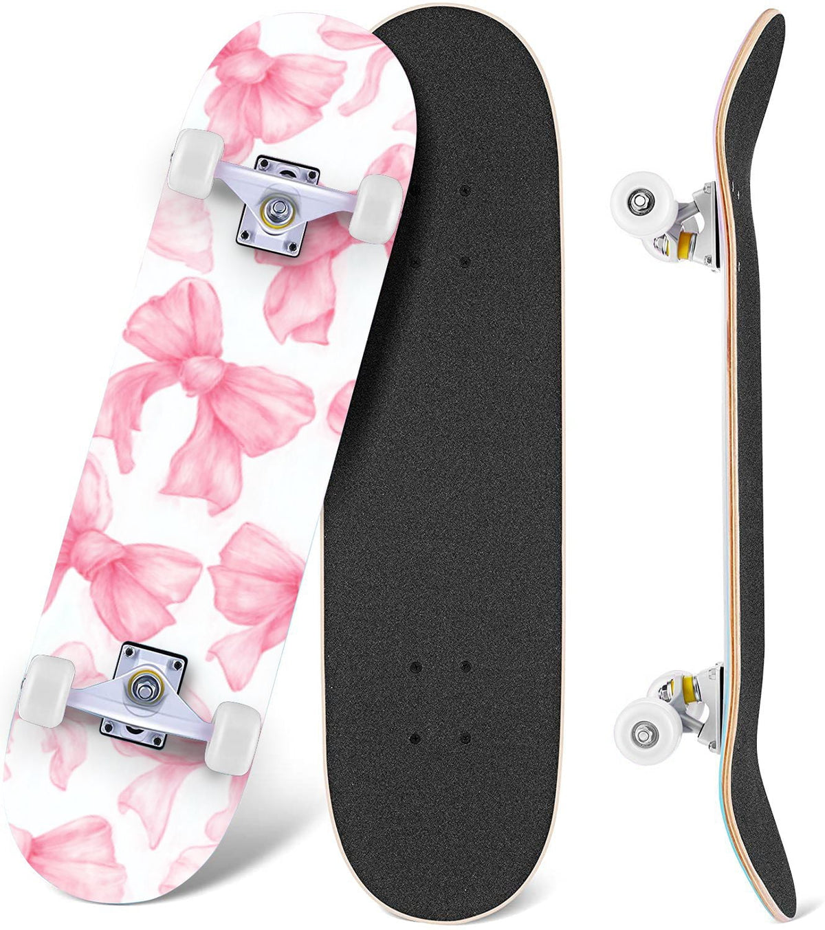 Delicate Pink Floral Ribbon Design 31" x 8" Complete Skateboard, 7-Ply Canadian Maple Double Kick Trick Board for Kids and Beginners Adult Gifts