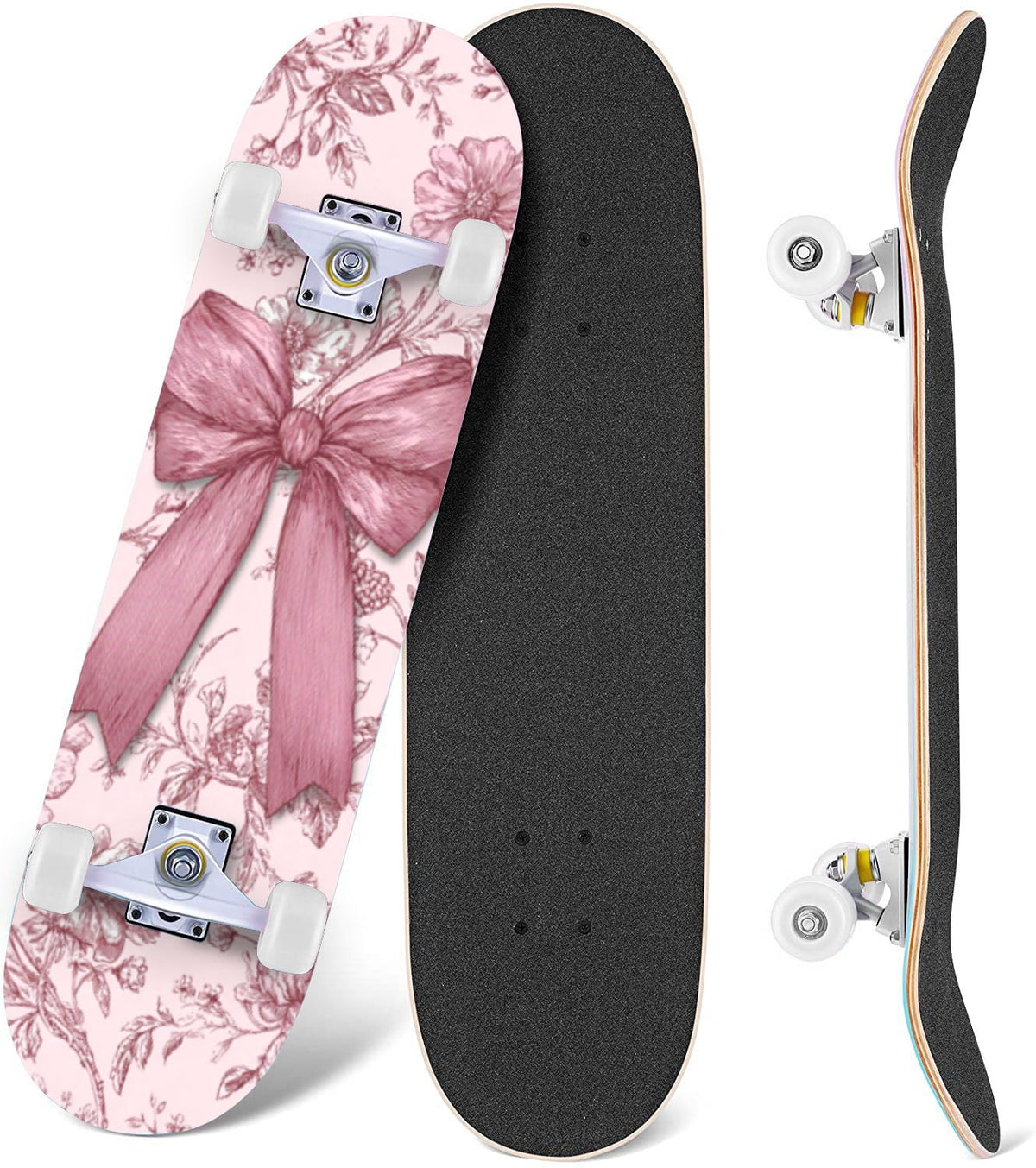 Golden Floral Line Art Seamless 31" x 8" Complete Skateboard, 7-Ply Canadian Maple Double Kick Trick Board for Kids and Beginners Adult Gifts