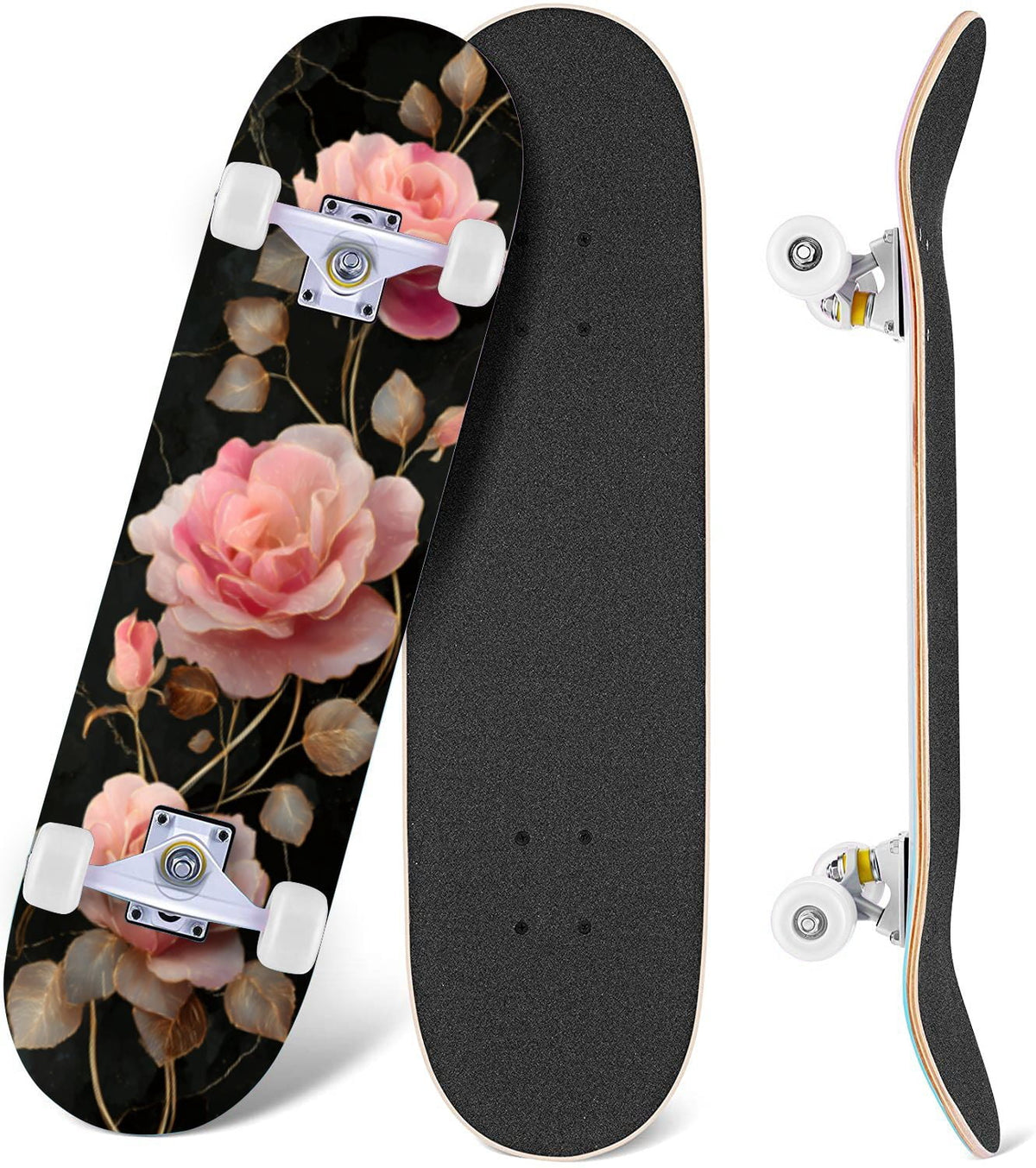 Dark Floral Wildflower Pink Yellow Blue Blooms 31" x 8" Complete Skateboard, 7-Ply Canadian Maple Double Kick Trick Board for Kids and Beginners Adult Gifts