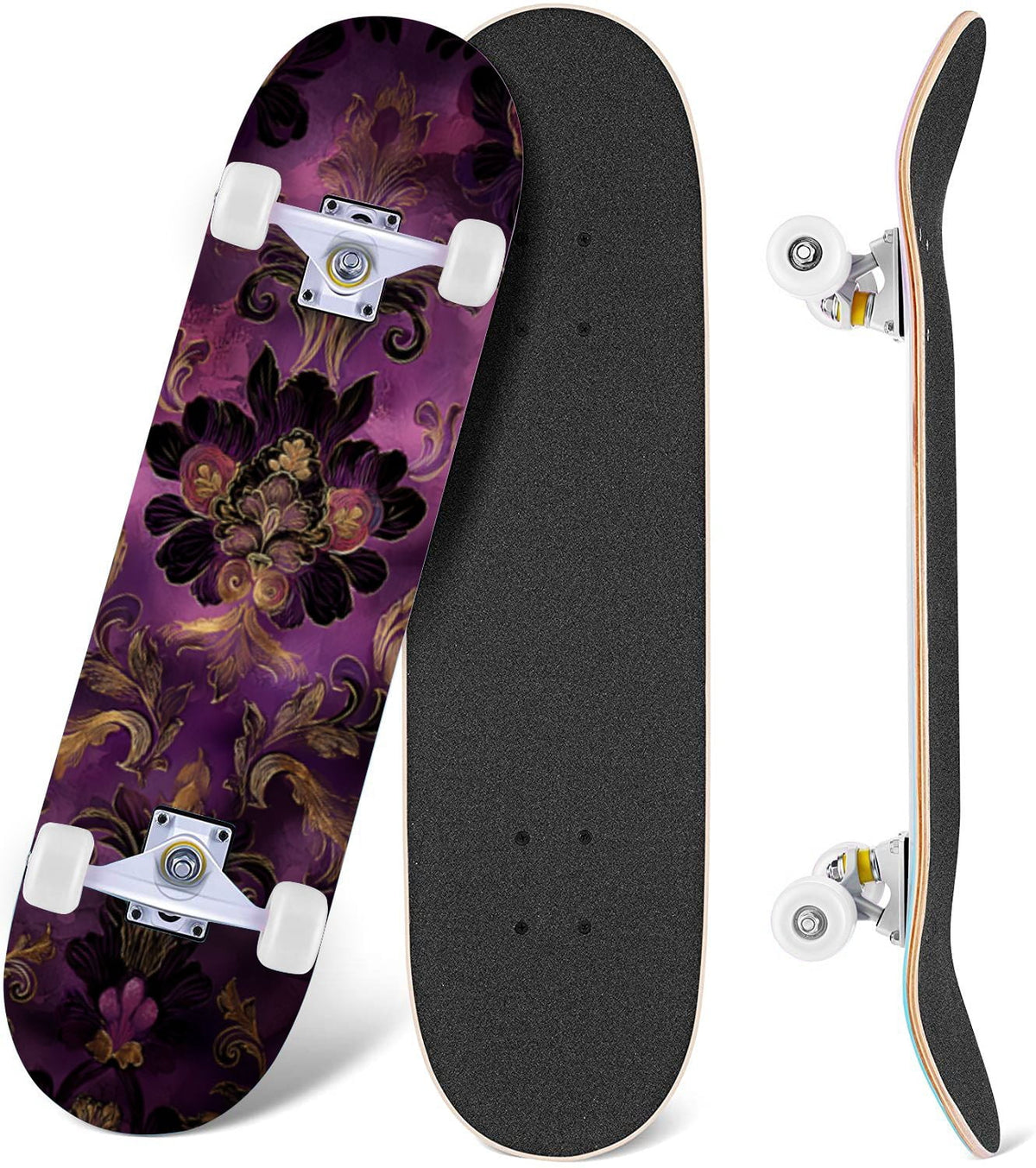 Monstera Leaves Leopard Print Seamless Earth Tones 31" x 8" Complete Skateboard, 7-Ply Canadian Maple Double Kick Trick Board for Kids and Beginners Adult Gifts