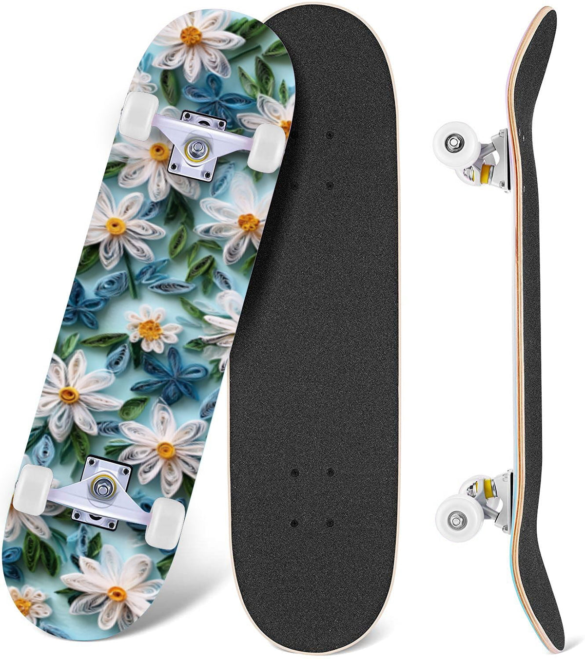 Delicate White Lotus Flowers Leaves Soft Blue 31" x 8" Complete Skateboard, 7-Ply Canadian Maple Double Kick Trick Board for Kids and Beginners Adult Gifts