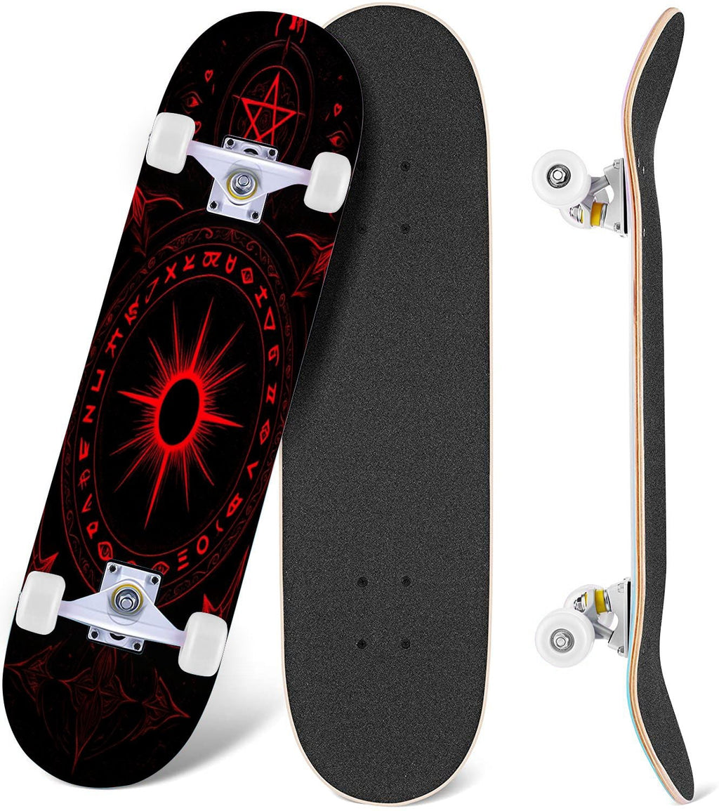 Red Mystic Circle Eyes Occult Symbols Dark Abstract Art 31" x 8" Complete Skateboard, 7-Ply Canadian Maple Double Kick Trick Board for Kids and Beginners Adult Gifts