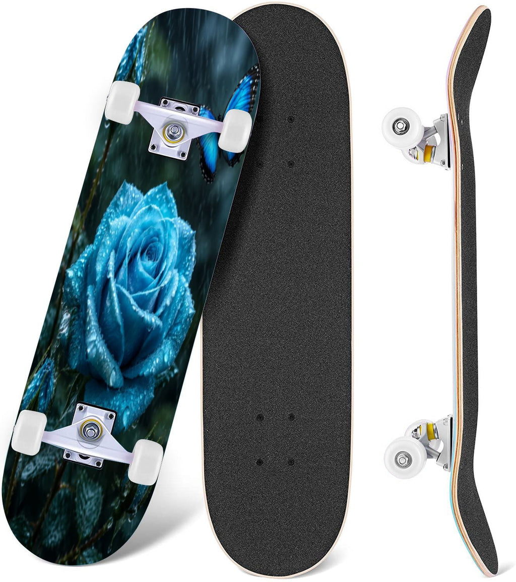 Rose Teal Rose Painting Turquoise Blue Flower Kitchen Decor 31" x 8" Complete Skateboard, 7-Ply Canadian Maple Double Kick Trick Board for Kids and Beginners Adult Gifts