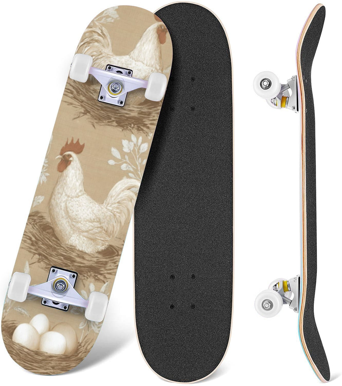 Vibrant Floral Bouquet Pink Roses Bright Colors Teal 31" x 8" Complete Skateboard, 7-Ply Canadian Maple Double Kick Trick Board for Kids and Beginners Adult Gifts