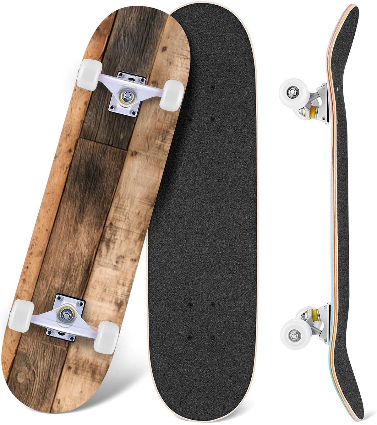Watercolor Floral Shades Blue Grey Leaves 31" x 8" Complete Skateboard, 7-Ply Canadian Maple Double Kick Trick Board for Kids and Beginners Adult Gifts