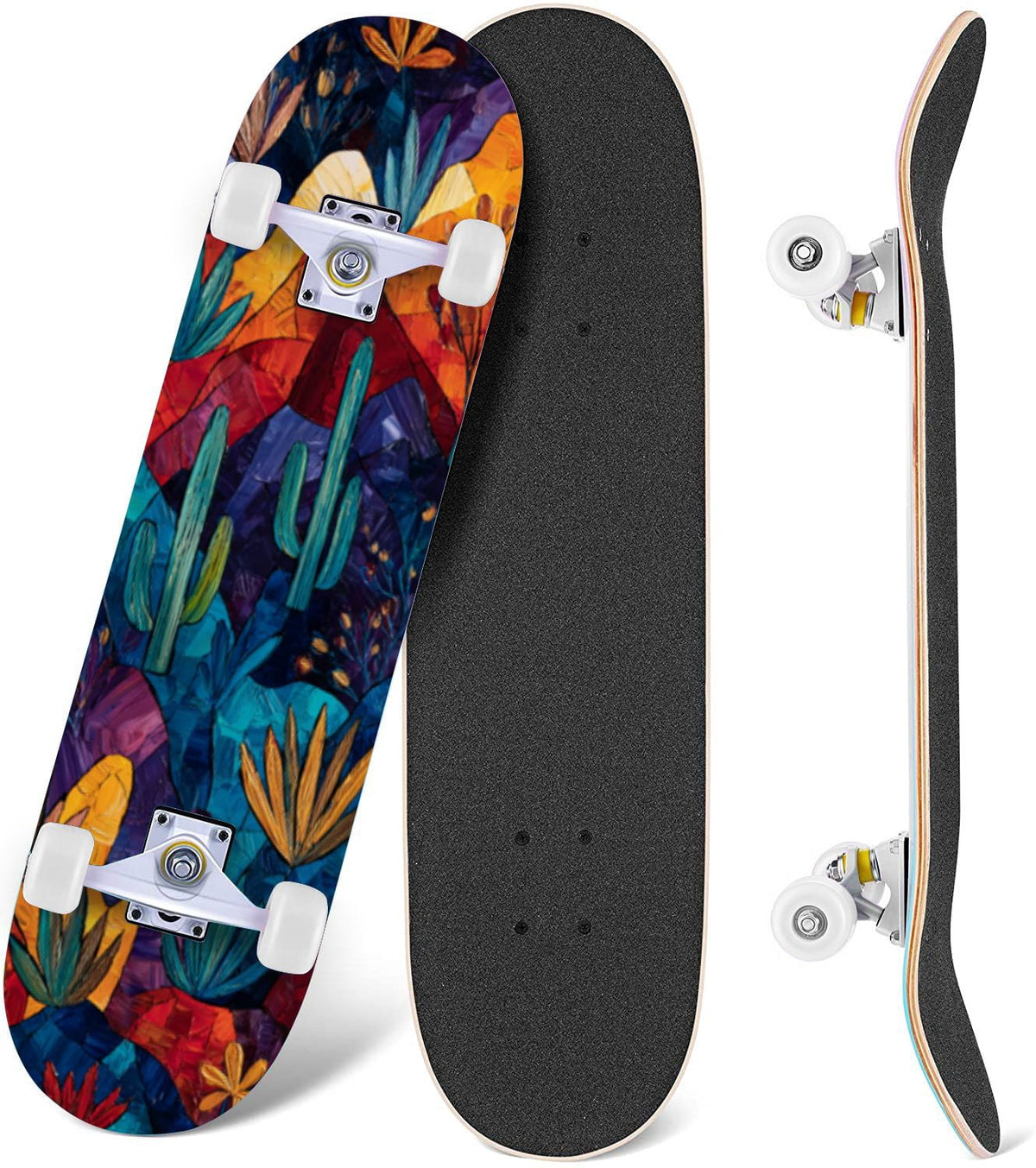 Botanical Floral Peonies Hummingbirds 31" x 8" Complete Skateboard, 7-Ply Canadian Maple Double Kick Trick Board for Kids and Beginners Adult Gifts