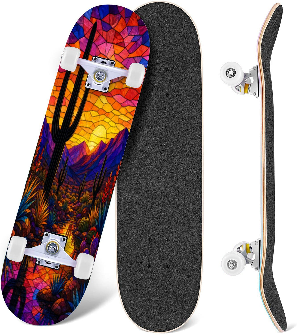 Abstract Geometric Curved Shapes Earthy Tones 31" x 8" Complete Skateboard, 7-Ply Canadian Maple Double Kick Trick Board for Kids and Beginners Adult Gifts