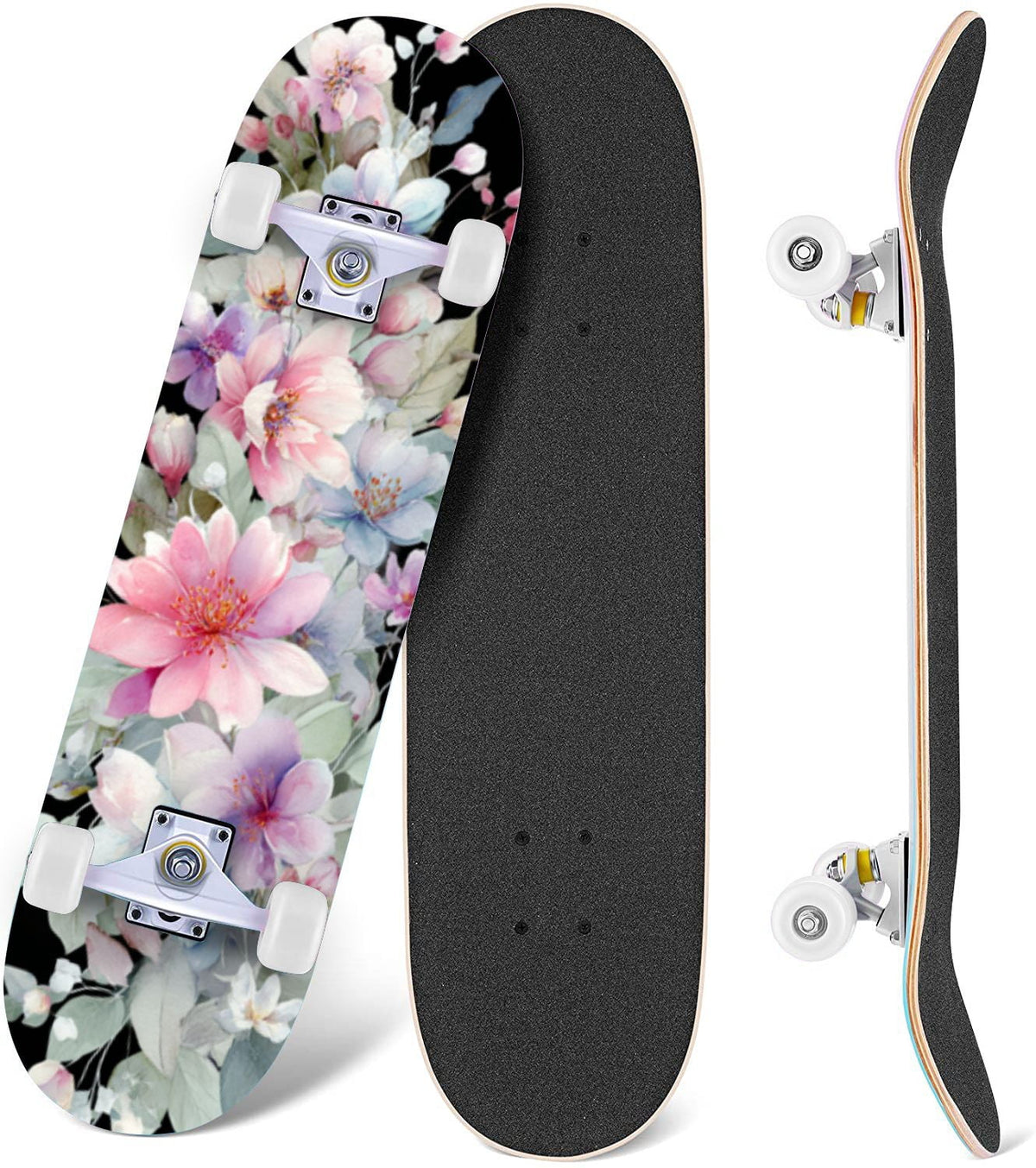 Watercolor Botanical Blue Green Leaves Flowers 31" x 8" Complete Skateboard, 7-Ply Canadian Maple Double Kick Trick Board for Kids and Beginners Adult Gifts