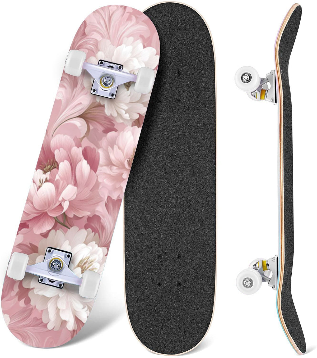Dark Floral Wildflower Pink Yellow Blue Blooms 31" x 8" Complete Skateboard, 7-Ply Canadian Maple Double Kick Trick Board for Kids and Beginners Adult Gifts